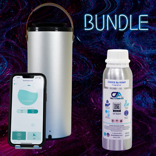 Modern Orion & Choice 250ml Fragrance Bundle featuring a smart speaker, smartphone with app interface, and an Orion Oil Diffuser against a cosmic-themed background with the word "bundle" prominently displayed.