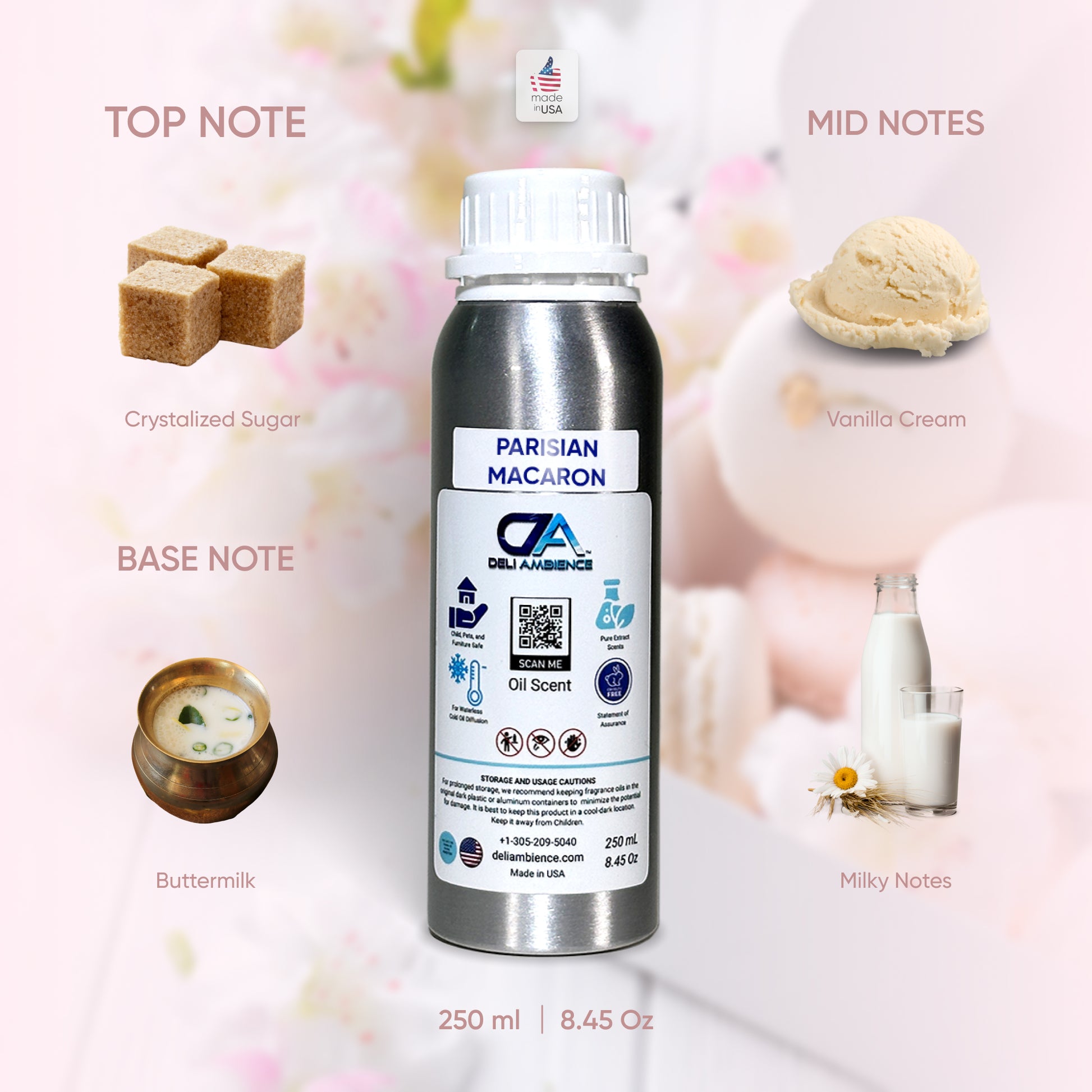 Image of a 250ml bottle labeled "Parisian Macaron Oil Scent," featuring top notes of crystallized sugar, mid notes of vanilla cream, and base notes of buttermilk and milky nuances, capturing the Parisian charm with its long-lasting macaron fragrance.