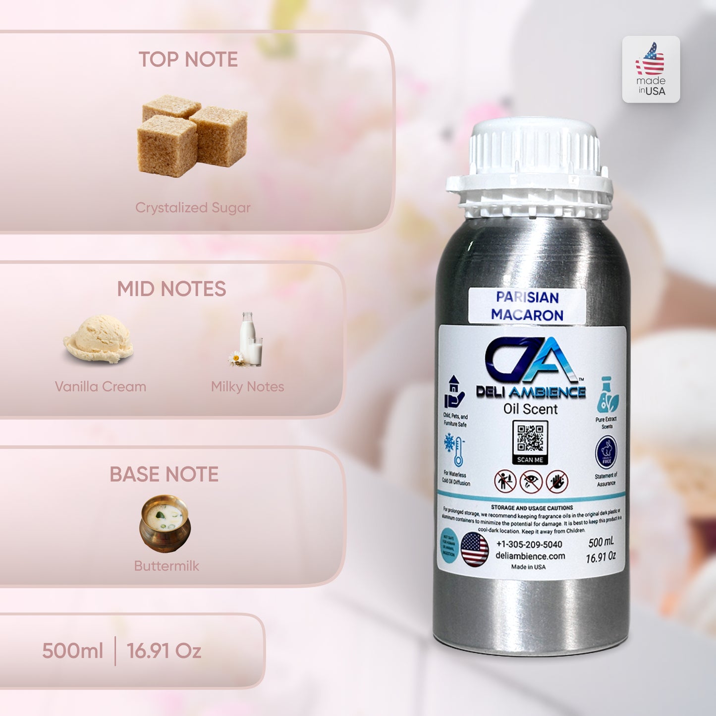 The Parisian Macaron Oil Scent from Deli Ambience brings the charm of Paris with notes of crystallized sugar, vanilla cream, milky undertones, and buttermilk. This 500ml (16.91 oz) bottle, made in the USA, ensures a long-lasting aroma that captivates the senses.