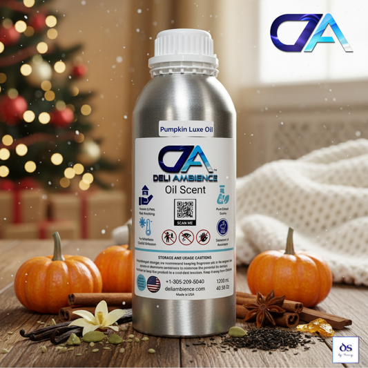 A metal bottle labeled "Pumpkin Luxe Oil Scent" sits on a table with pumpkins, spices, and autumn decor, creating a cozy luxury home fragrance perfect for any space.