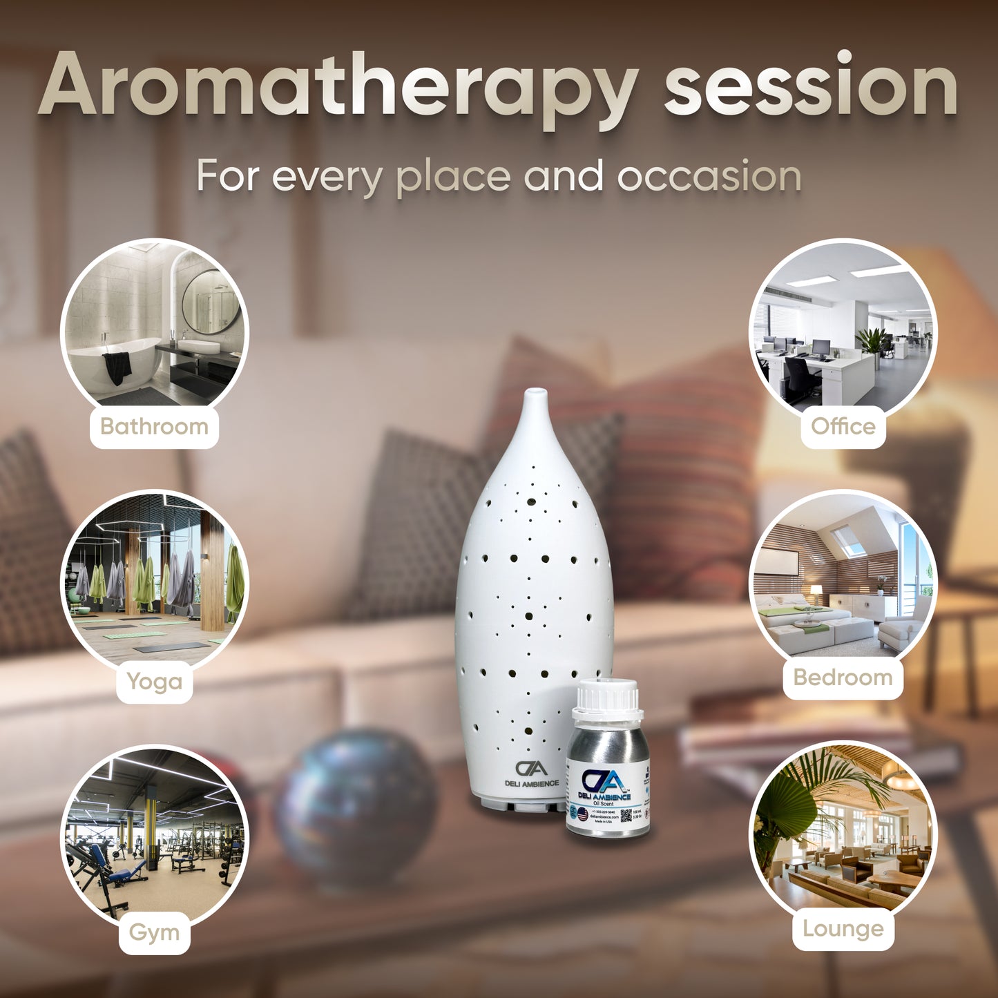 Image of the sleek Starlight Kit Scent Diffuser and essential oil bottle on a table, ideal for aromatherapy in spaces such as the bathroom, office, yoga studio, bedroom, gym, or lounge. Enjoy nano-mist and cold-air diffusion technology to create a peaceful atmosphere in any setting.