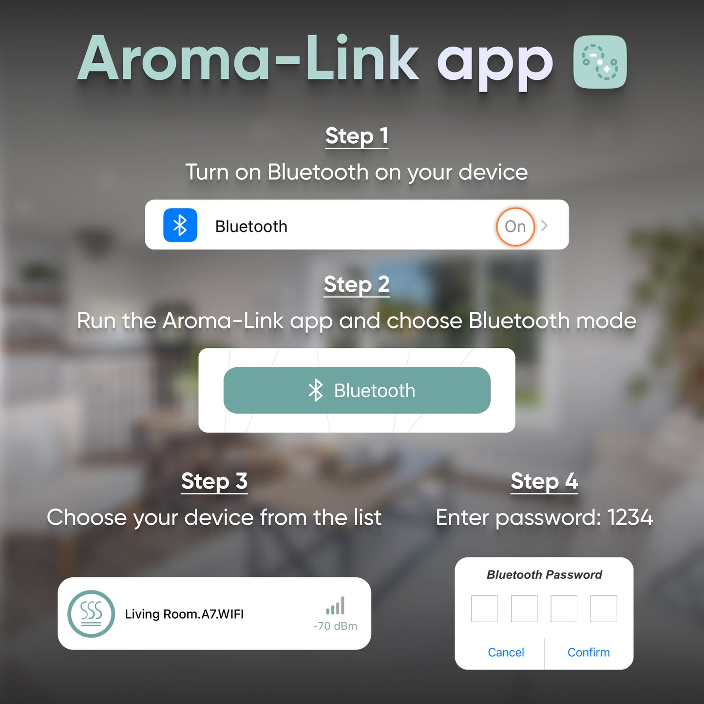 Instructions for connecting to the Aroma-Link app via Bluetooth: Ensure your Starlight Kit Scent Diffuser is nearby, turn on Bluetooth, open the app, select your device, and enter password 1234 for a seamless cold-air diffusion technology experience.
