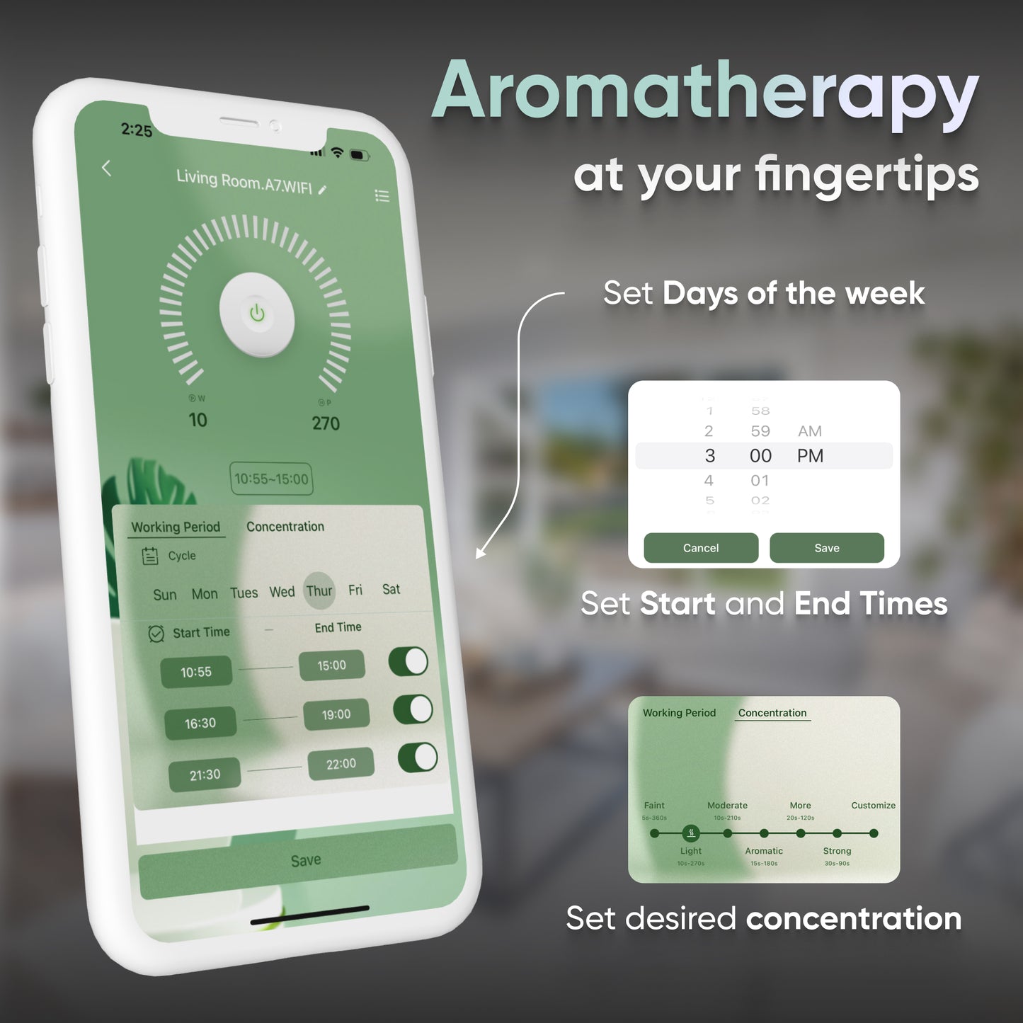 The smartphone displays the aromatherapy app interface for the Starlight Kit Scent Diffuser, offering features to schedule days, set start and end times, and adjust concentration using advanced cold-air diffusion technology with a device named Living Room A7/Wifi.