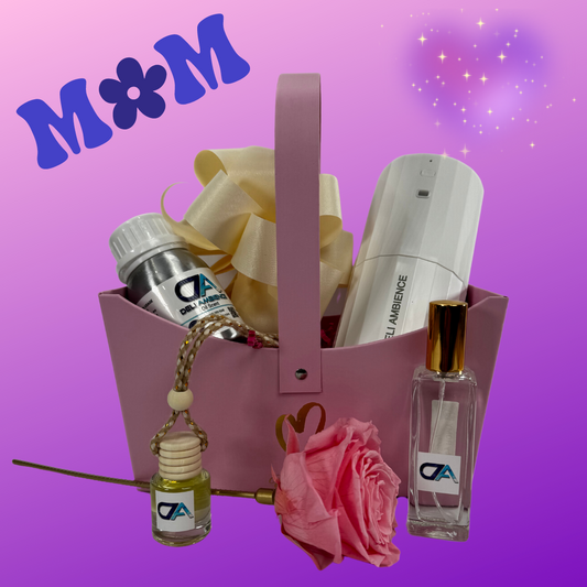 DA Mother's Day Gift Basket with skincare products, a room spray, a pink rose, and a bracelet on a purple background with "mom" and stars.