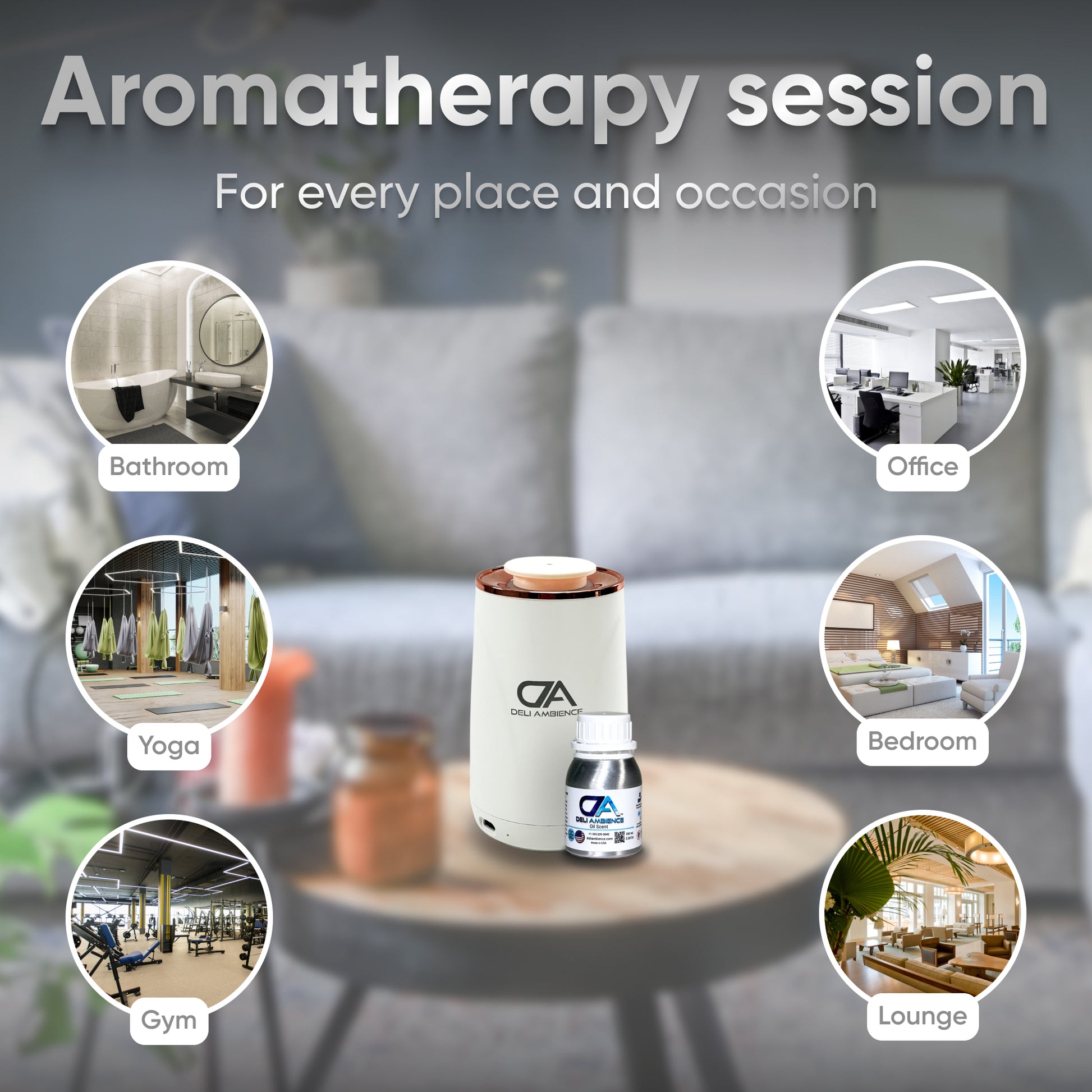 Venus Compact Oil Diffuser USB-C Power and essential oil on a table, surrounded by images of various spaces: bathroom, office, yoga studio, bedroom, gym, and lounge. This portable diffuser is ideal for any small space.