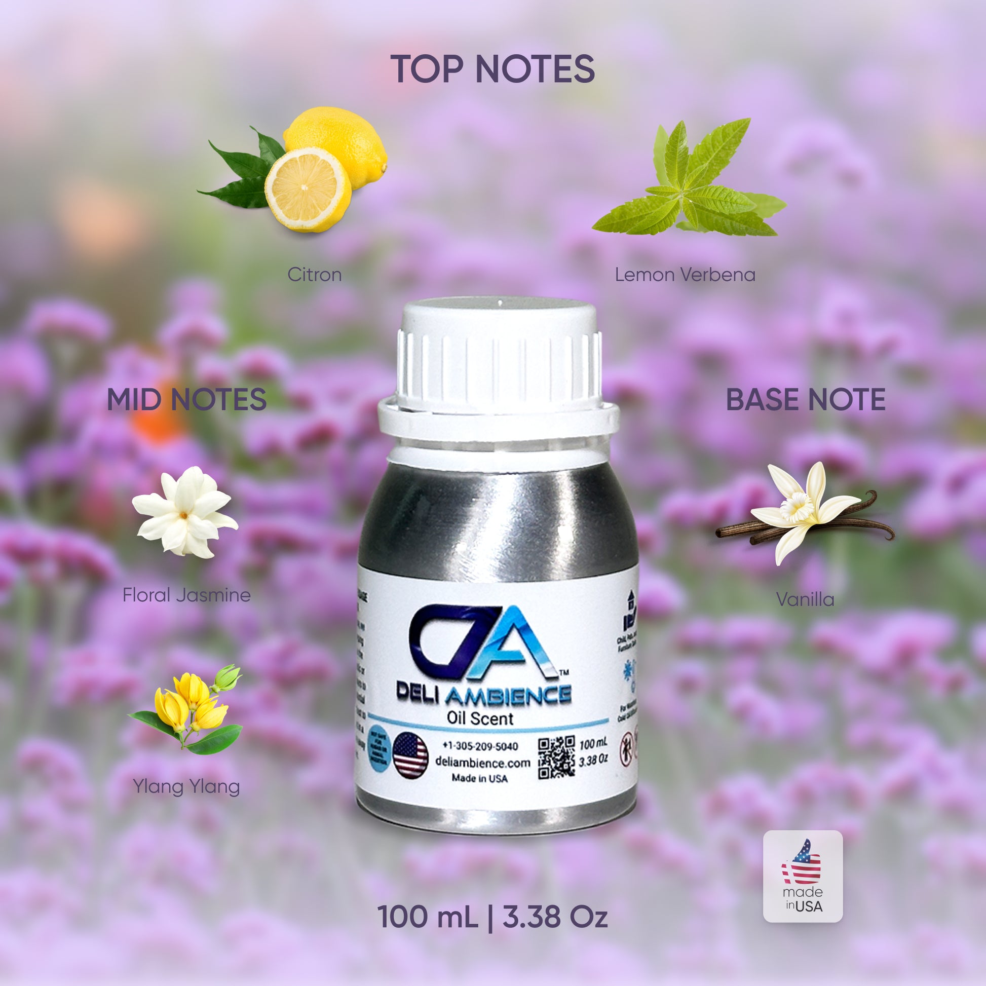 A small metal bottle labeled "Verveine Citron Oil Scent" is surrounded by illustrations of citrons, lemon verbena, floral jasmine, ylang ylang flowers, and vanilla notes with an added touch of sandalwood, creating a rich and inviting fragrance palette.