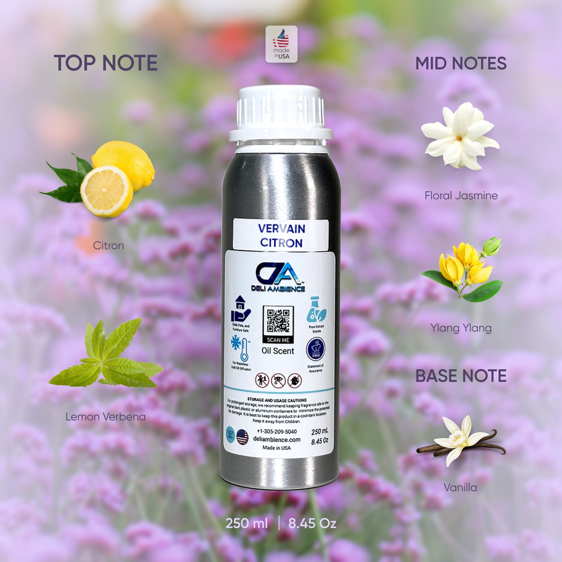 A silver 250 ml fragrance oil bottle labeled "Verveine Citron Oil Scent," featuring notes of lemon verbena, citron, floral jasmine, ylang-ylang, and vanilla, displayed against a blurred floral background.