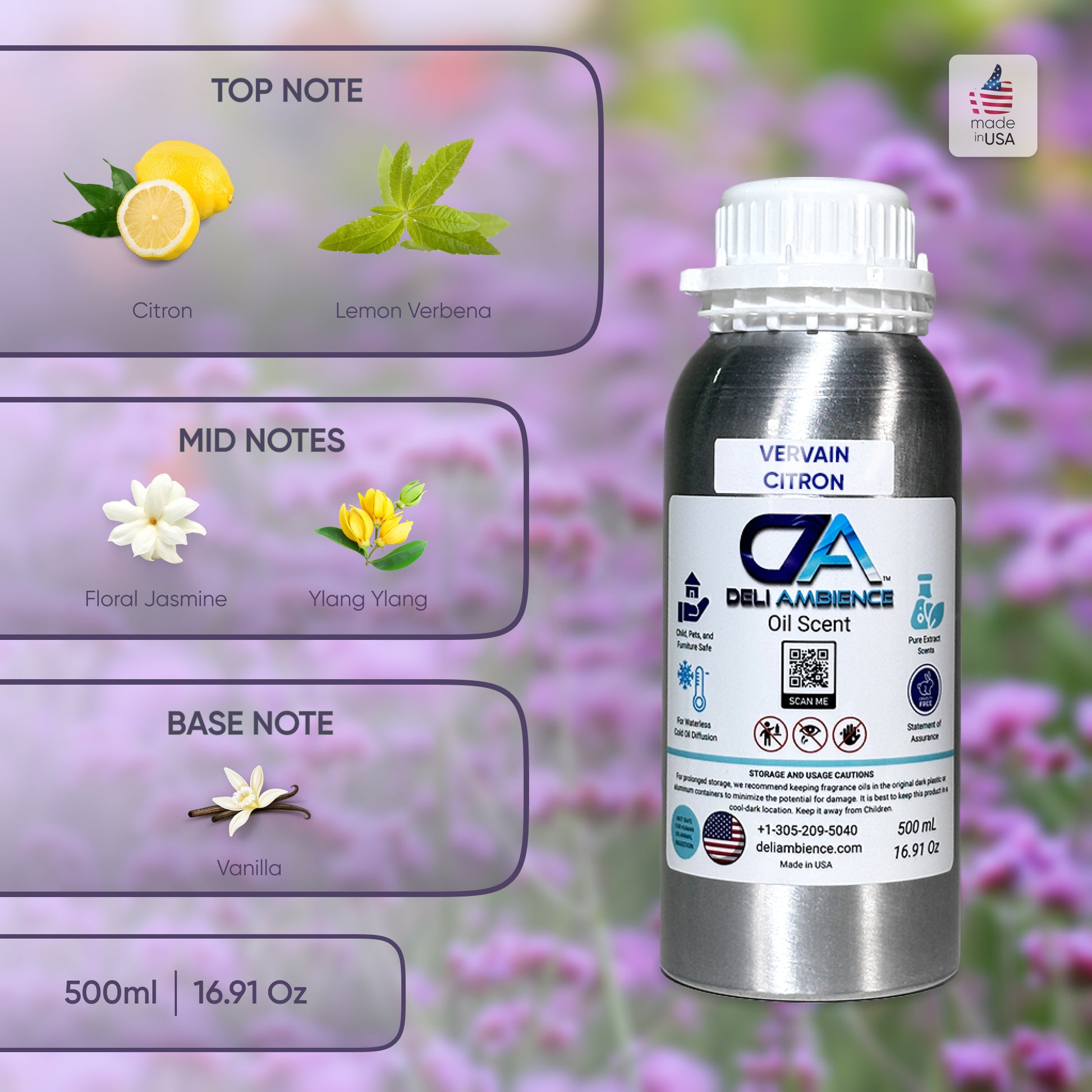 A 500ml bottle of Verveine Citron oil scent by Delia Ambiance features top notes of lemon verbena, mid notes of jasmine and ylang ylang, and a base note of vanilla. Made in the USA.