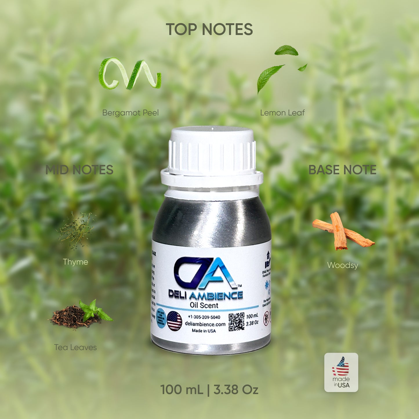 A 100 mL bottle of White Tea & Thyme Oil Scent with graphics illustrating top notes of bergamot peel and lemon leaf, mid notes of thyme and white tea leaves, and a base note of woodsy. Made in the USA.