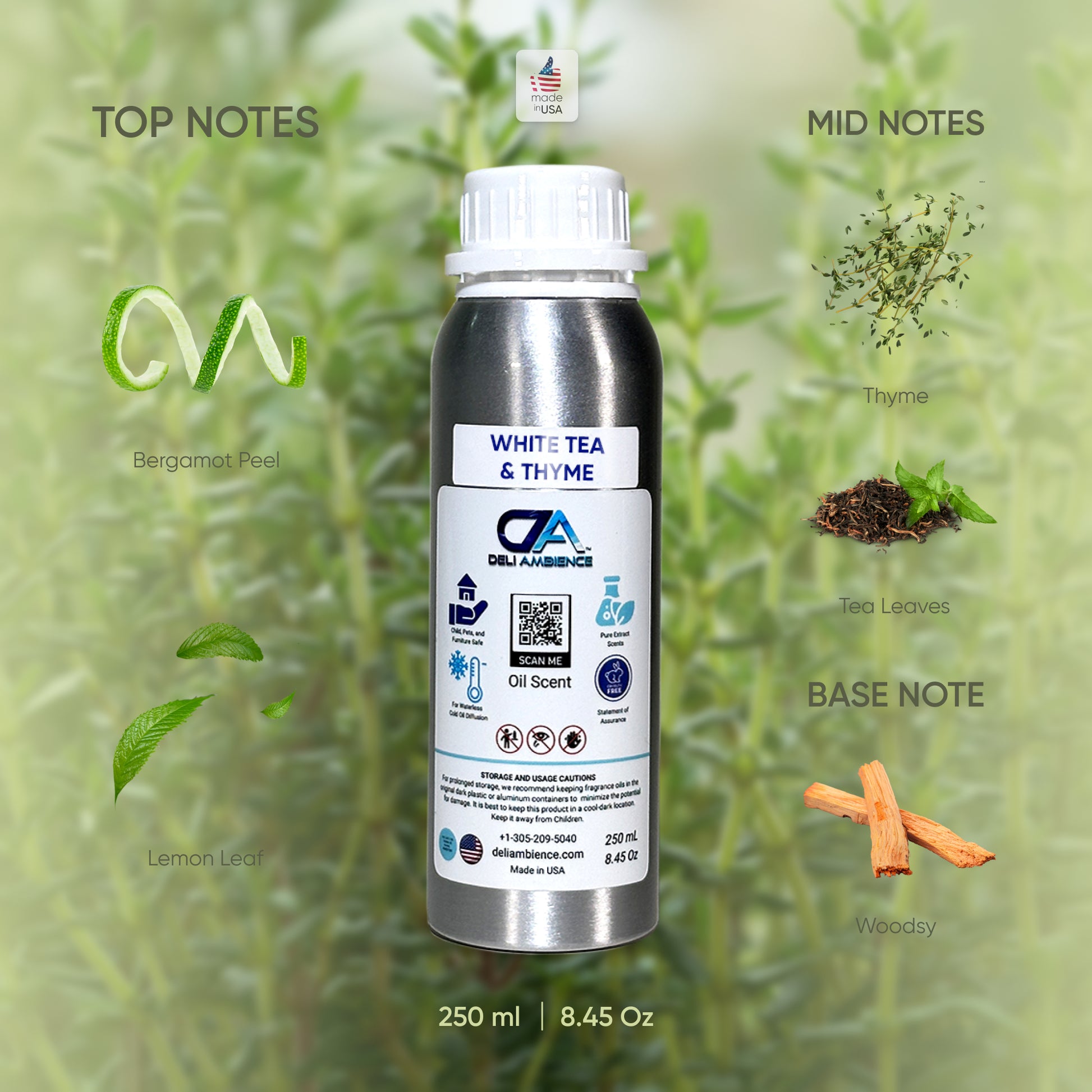 A silver bottle labeled "White Tea & Thyme Oil Scent" with logos displaying various certifications. Aromatic notes of bergamot peel, thyme, lemon leaf, tea leaves, and woodsy hints blend seamlessly with a touch of citrus. 250 ml (8.45 oz).