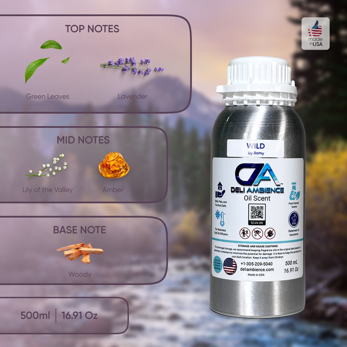 A bottle labeled "Wild by Romy Oil Scent" with an infographic showing scent notes: top (green leaves, lavender), mid (lily of the valley, amber), base (woody). The masculine blend is set against a nature background with a US flag icon.