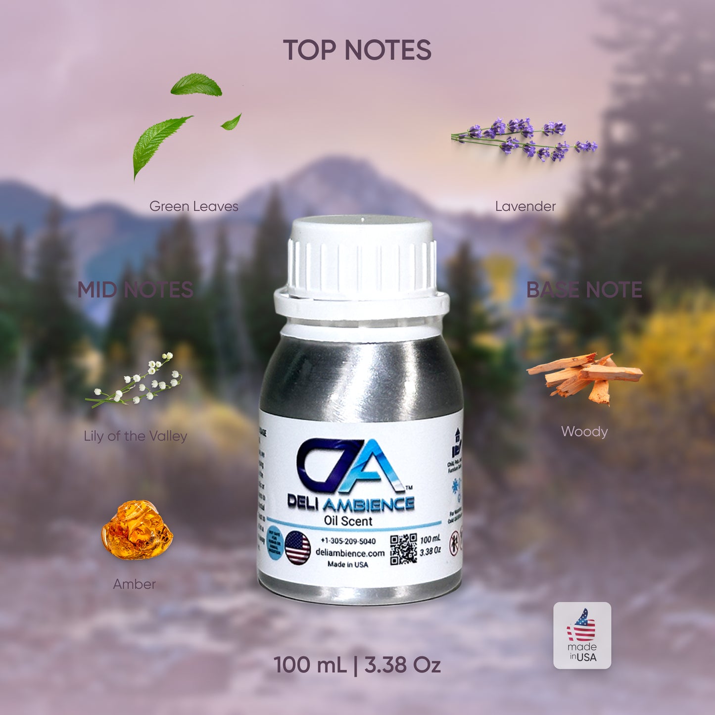 A 100 mL bottle of Wild by Romy Oil Scent against a blurred outdoor background. Notes listed: Top - Green Leaves, Lavender; Mid - Lily of the Valley; Base - Woody, Amber with a touch of Musk. Made in the USA.
