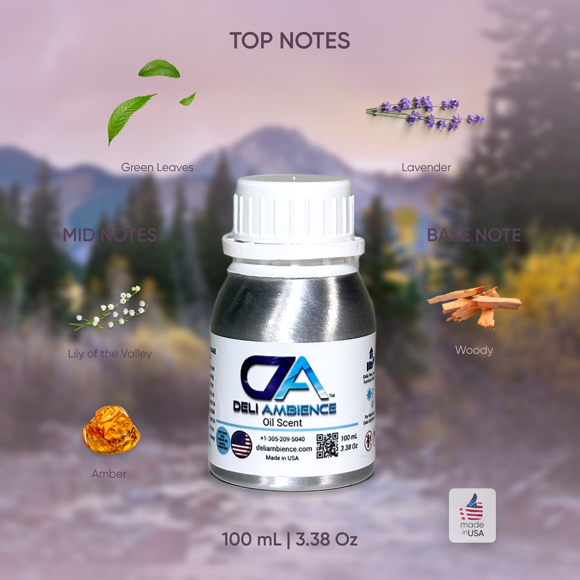 A 100 mL bottle of Wild by Romy Oil Scent against a blurred outdoor background. Notes listed: Top - Green Leaves, Lavender; Mid - Lily of the Valley; Base - Woody, Amber with a touch of Musk. Made in the USA.