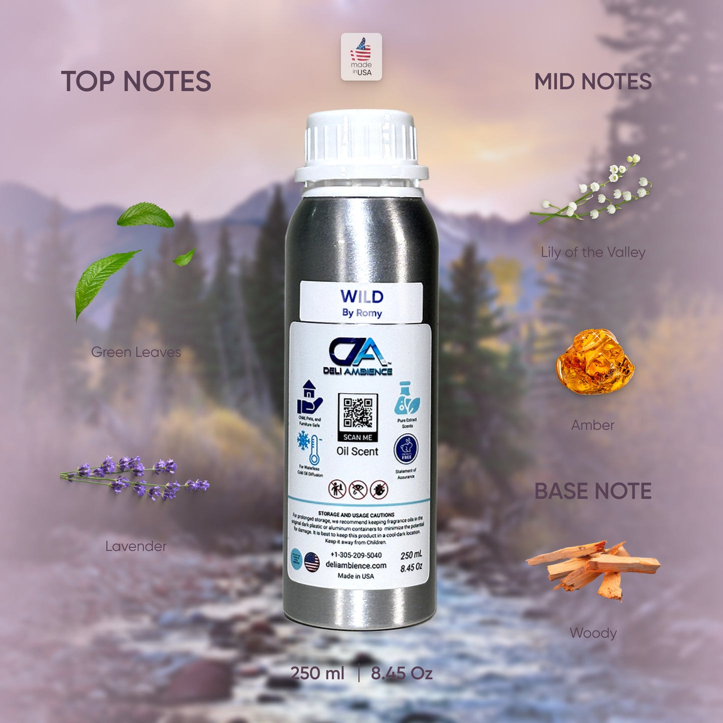 A 250 ml bottle of Wild by Romy Oil Scent is displayed against a scenic background. The masculine blend features fragrance notes of green leaves, lily of the valley, lavender, amber, and woody elements.