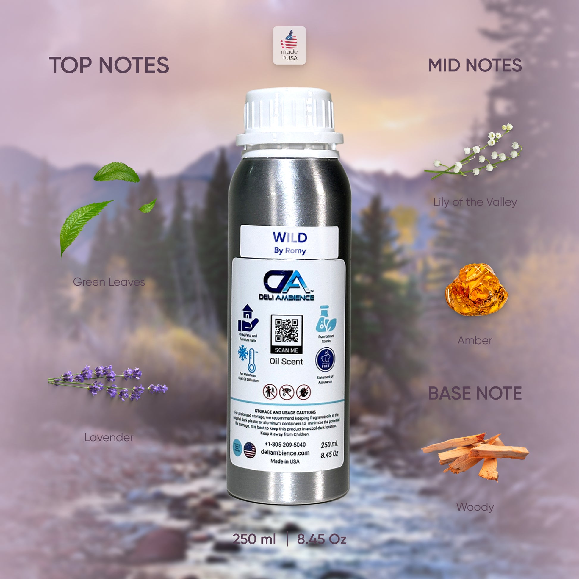A 250 ml bottle of Wild by Romy Oil Scent is displayed against a scenic background. The masculine blend features fragrance notes of green leaves, lily of the valley, lavender, amber, and woody elements.