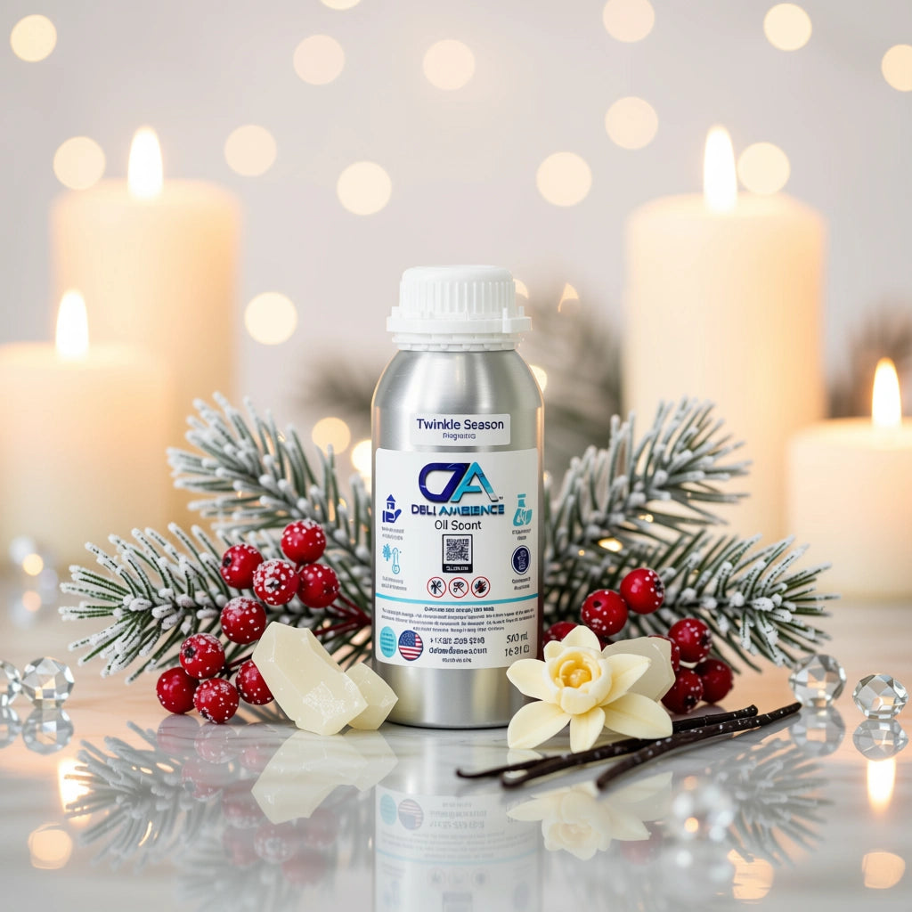 The Twinkle Season Oil Scent comes in a silver bottle and is pictured with white candles, frosted pine, winter berries, vanilla flower, and vanilla beans on a festive background.