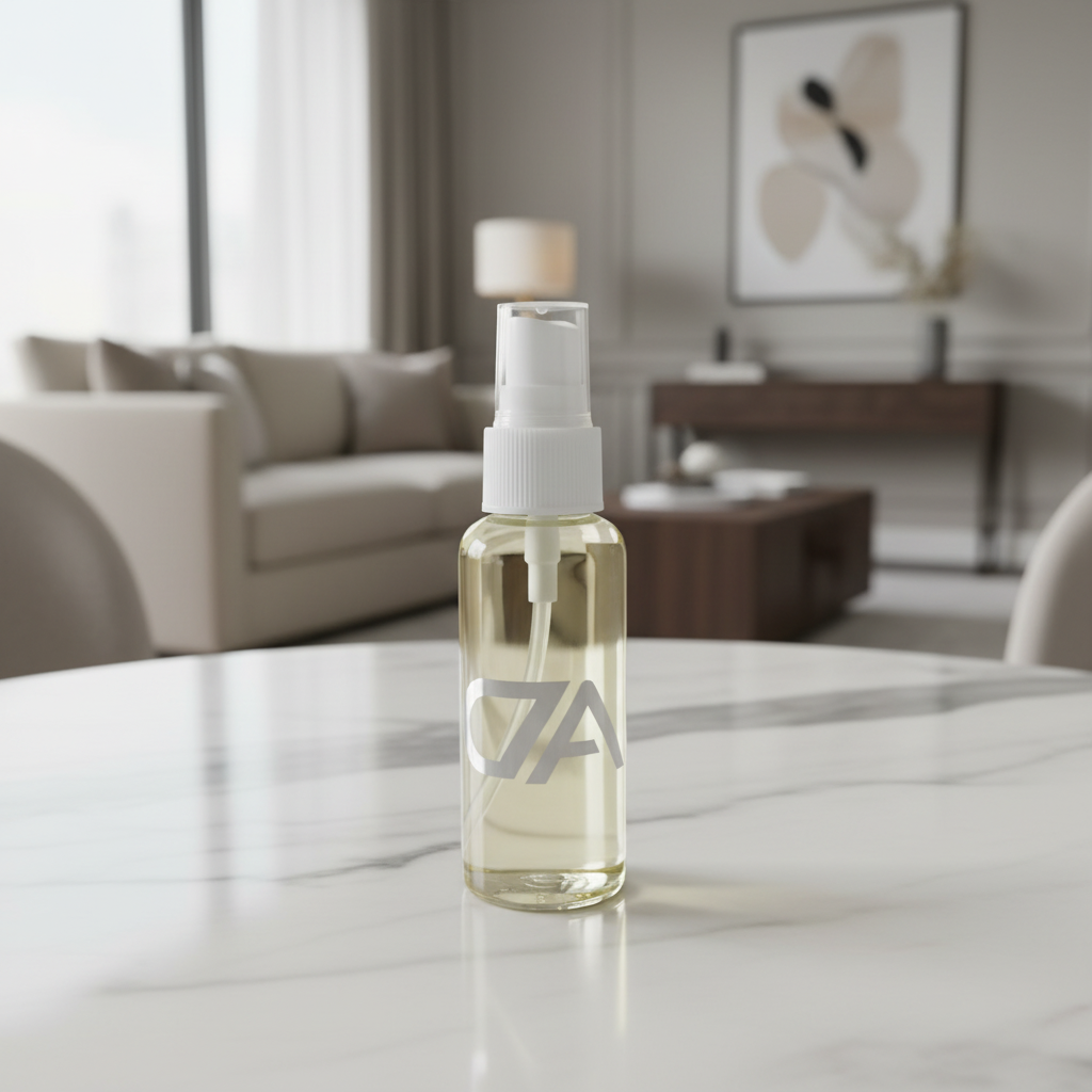 The Mini Room Spray, featuring a clear bottle with a white pump and minimalist label, rests on a marble table in a modern living room—a chic, travel-friendly air freshener to refresh any space.