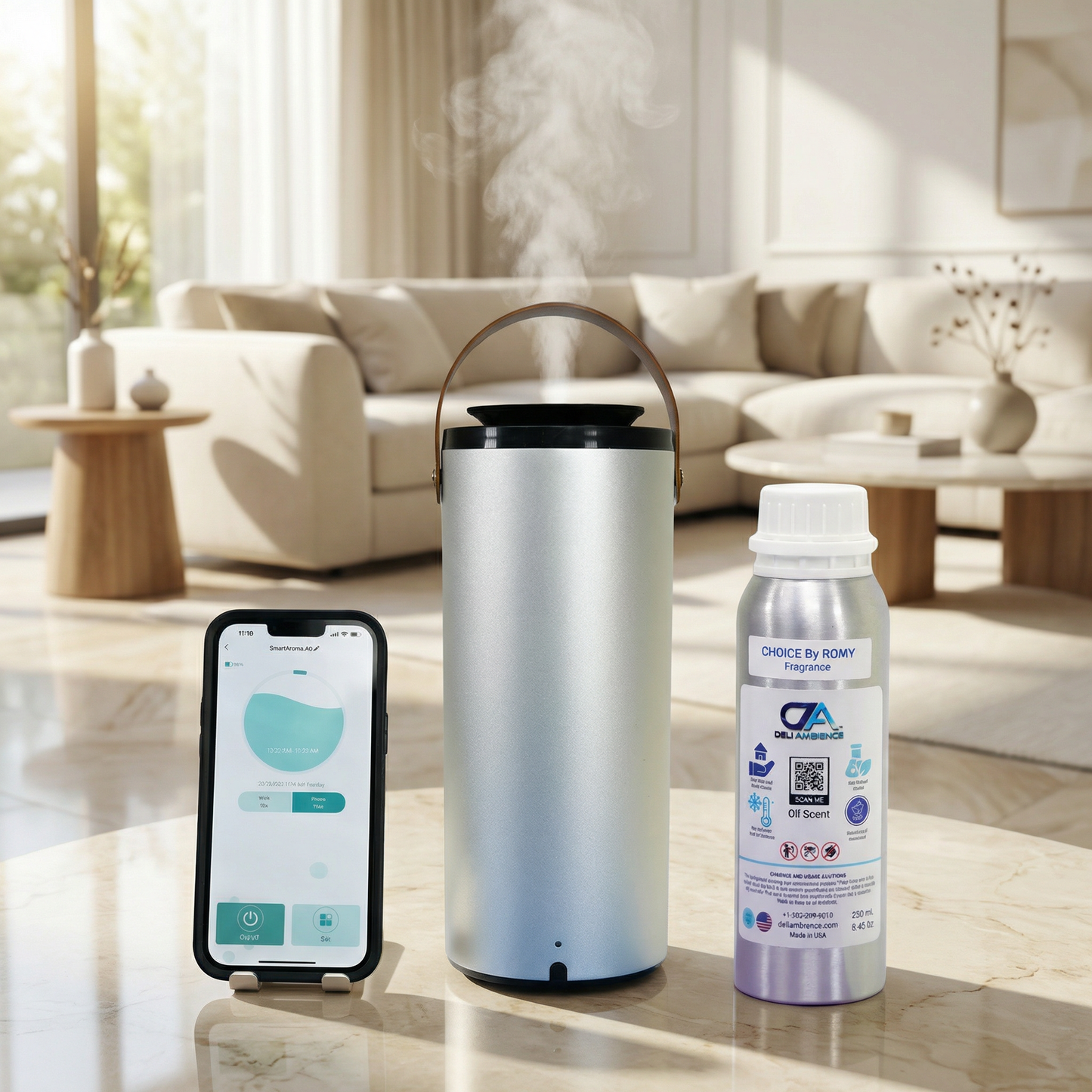 An Orion & Choice 250ml Fragrance Bundle diffuser emits aromatherapy mist next to a smartphone showing its control app and a fragrance bottle, arranged on a table in a modern living room.