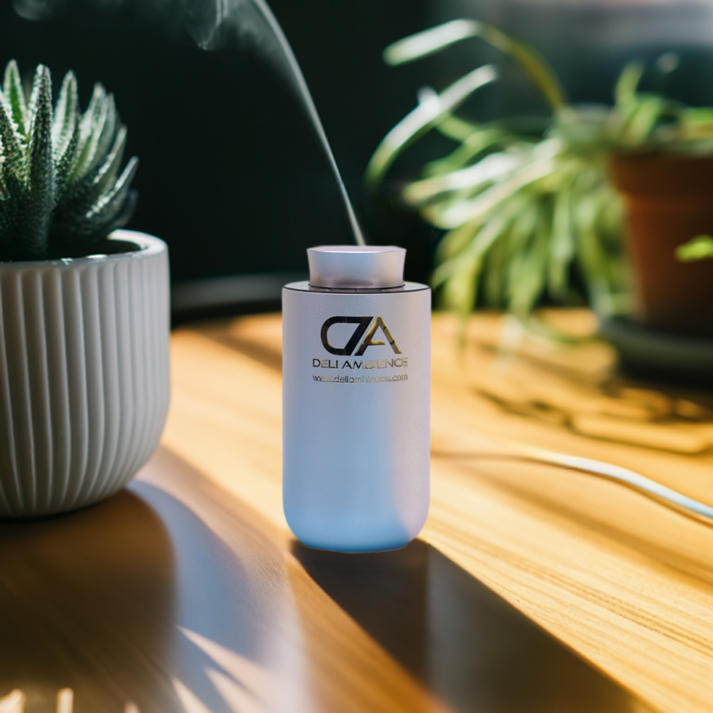 An Adonis Oil Diffuser quietly sits on a table next to a plant, emitting soothing ambient lighting.