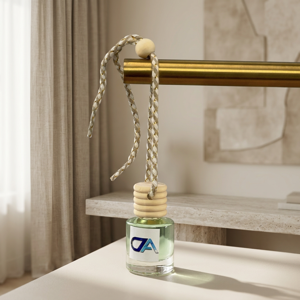 The Car Air Freshener, a small glass bottle with a wooden cap and braided cord, hangs from a golden rod in a modern, neutral-toned room.