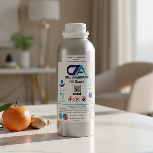A bottle of Mandarin Ginger Oil Scent sits on a table with ginger root and mandarin orange, highlighting its natural ingredients and offering a long-lasting fragrance.