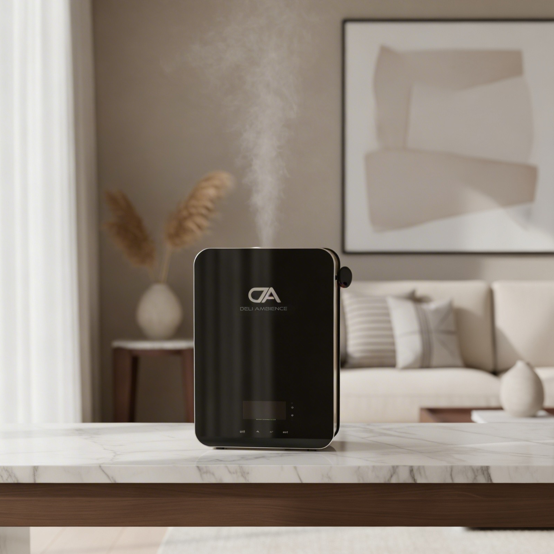 The Vital Air Oil Scent Diffuser in black adds fragrant vapor on a marble table in a modern living room with neutral decor and abstract wall art, creating hours of relaxation.