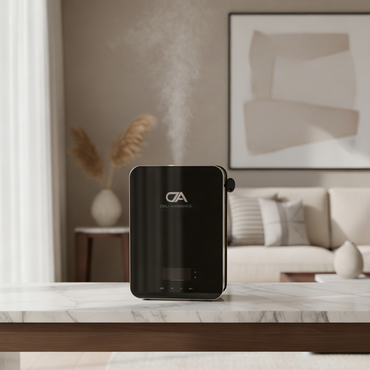 The Vital Air Oil Scent Diffuser in black adds fragrant vapor on a marble table in a modern living room with neutral decor and abstract wall art, creating hours of relaxation.