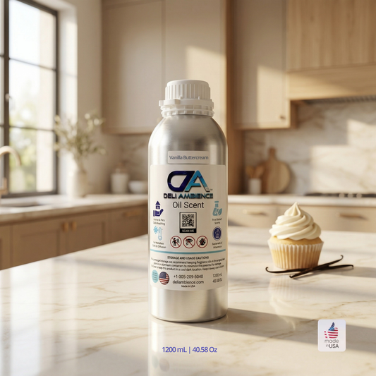 A metal bottle labeled "Vanilla Buttercream Oil Scent" stands on a kitchen counter beside a cupcake, evoking the rich aroma of creamy vanilla, with marble surfaces and wood cabinetry in the background.