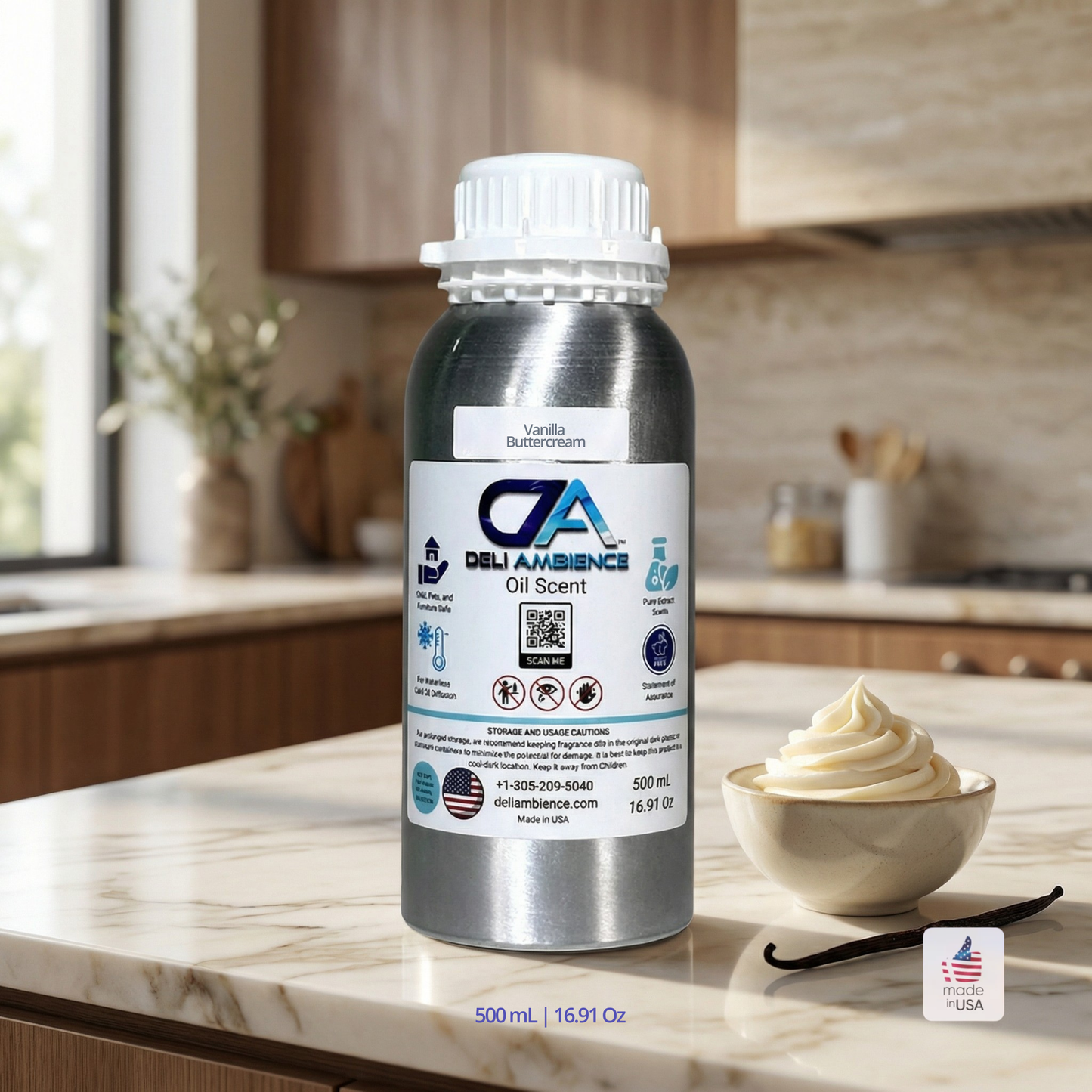 A silver bottle labeled "Vanilla Buttercream Oil Scent" sits on a kitchen counter next to a spoon with creamy vanilla buttercream.