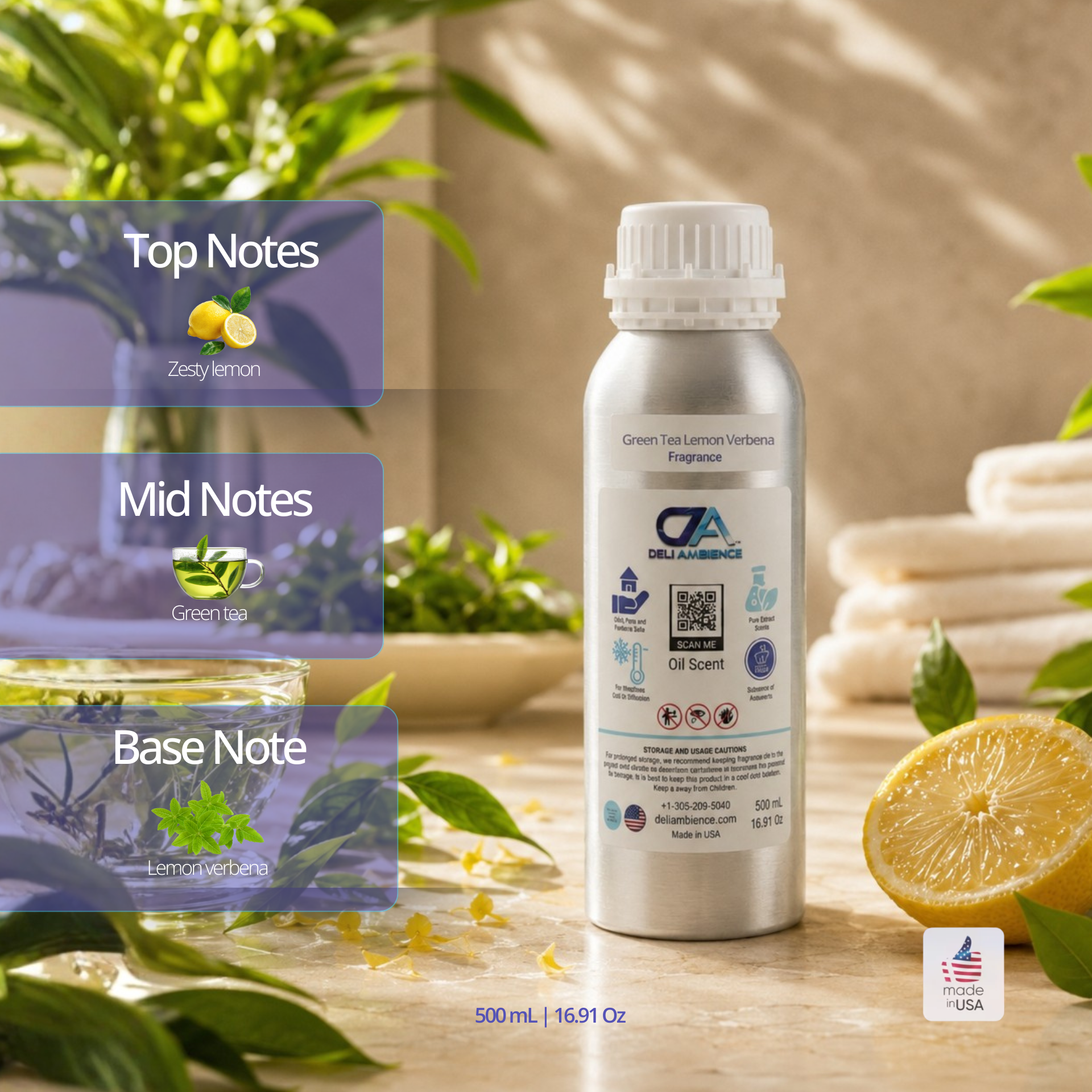 A bottle of Green Tea Lemon Verbena Oil Scent rests on a table with fresh lemon and green leaves, featuring zesty lemon, green tea, and lemon verbena notes, all brightened by a touch of citrus peel.