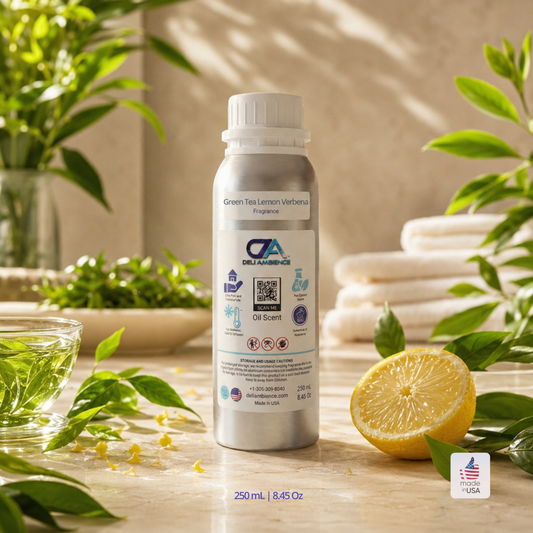 A silver bottle of Green Tea Lemon Verbena Oil Scent sits on a table with citrus peel, fresh green leaves, a lemon half, and white towels. Its label features product details and a QR code.