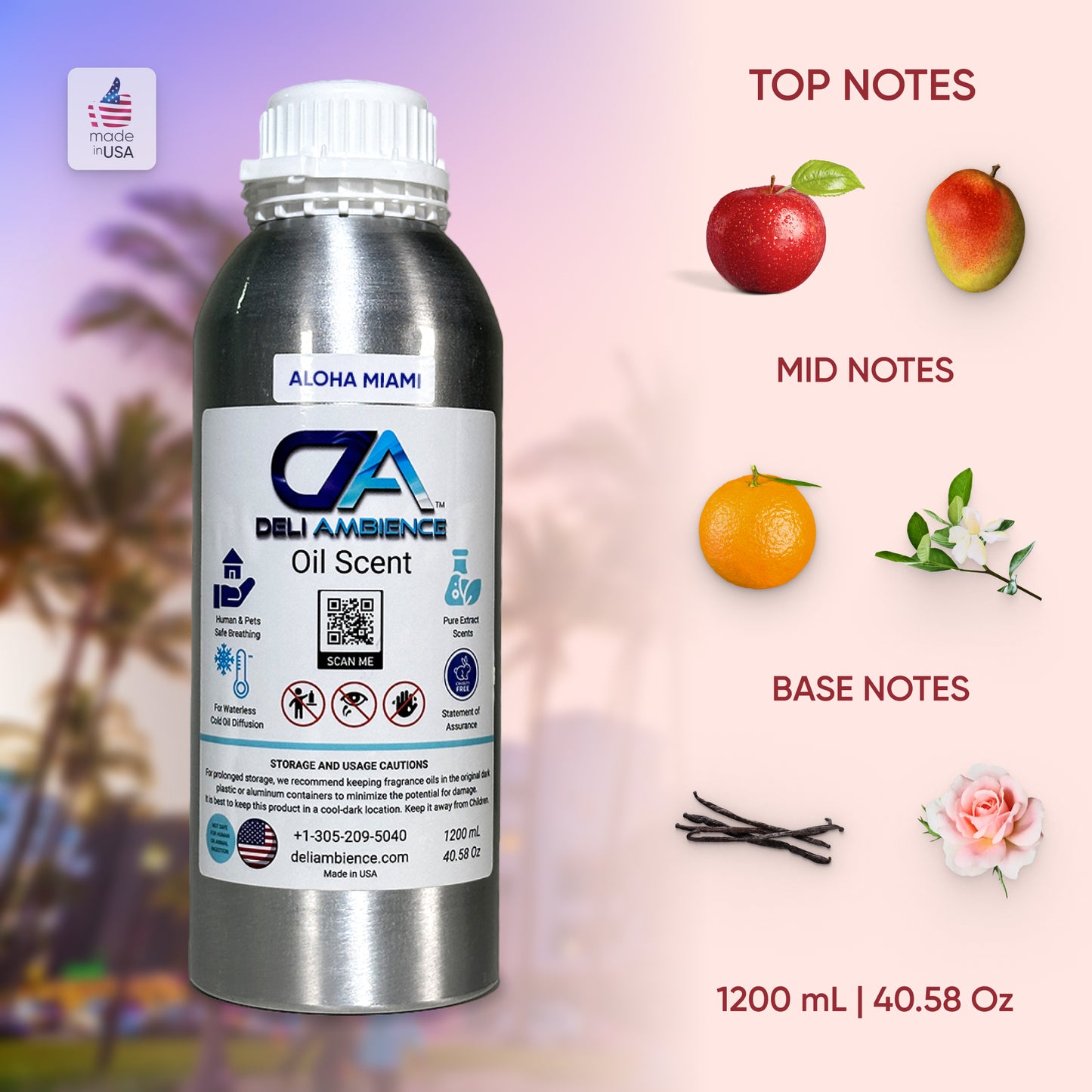 A metallic container labeled "Aloha Miami Oil Scent" with its notes displayed: top notes of apple and peach, mid notes of orange and white jasmine, base notes of vanilla and rose. Infused with natural essential oils for a joyful & fruity aroma. Volume: 1200 mL.