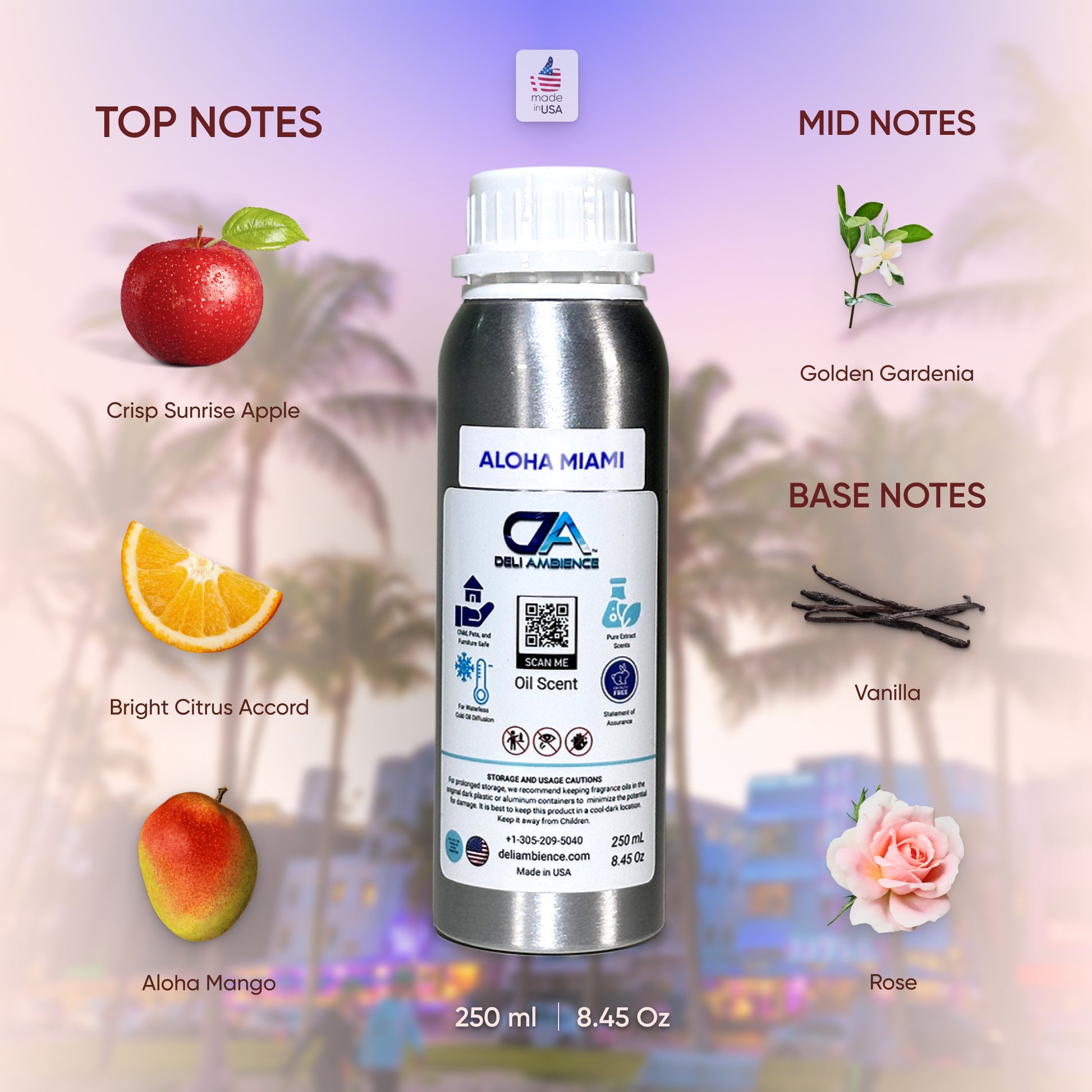 A 250 ml (8.45 oz) silver bottle of Aloha Miami Oil Scent, featuring joyful and fruity top, mid, and base notes illustrated with images of crisp apple, citrus, mango, gardenia, vanilla, and rose. Infused with natural essential oils, it brings tropical notes to your scent collection.