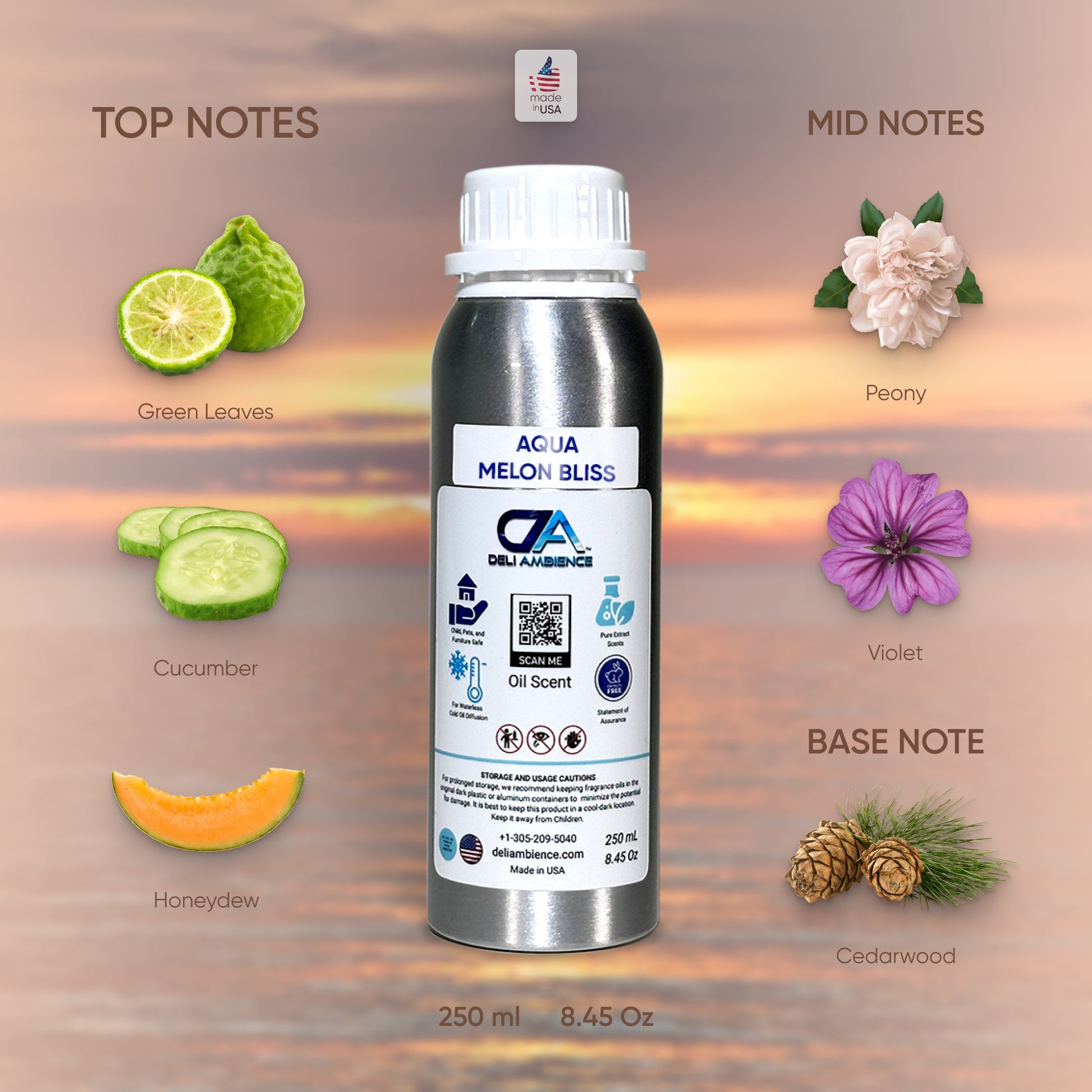 A bottle of Aqua Melon Bliss, a refreshing summer fragrance accented by the aromas of green leaves, cucumber, honeydew, peony, violet, and cedarwood illustrated in the background.