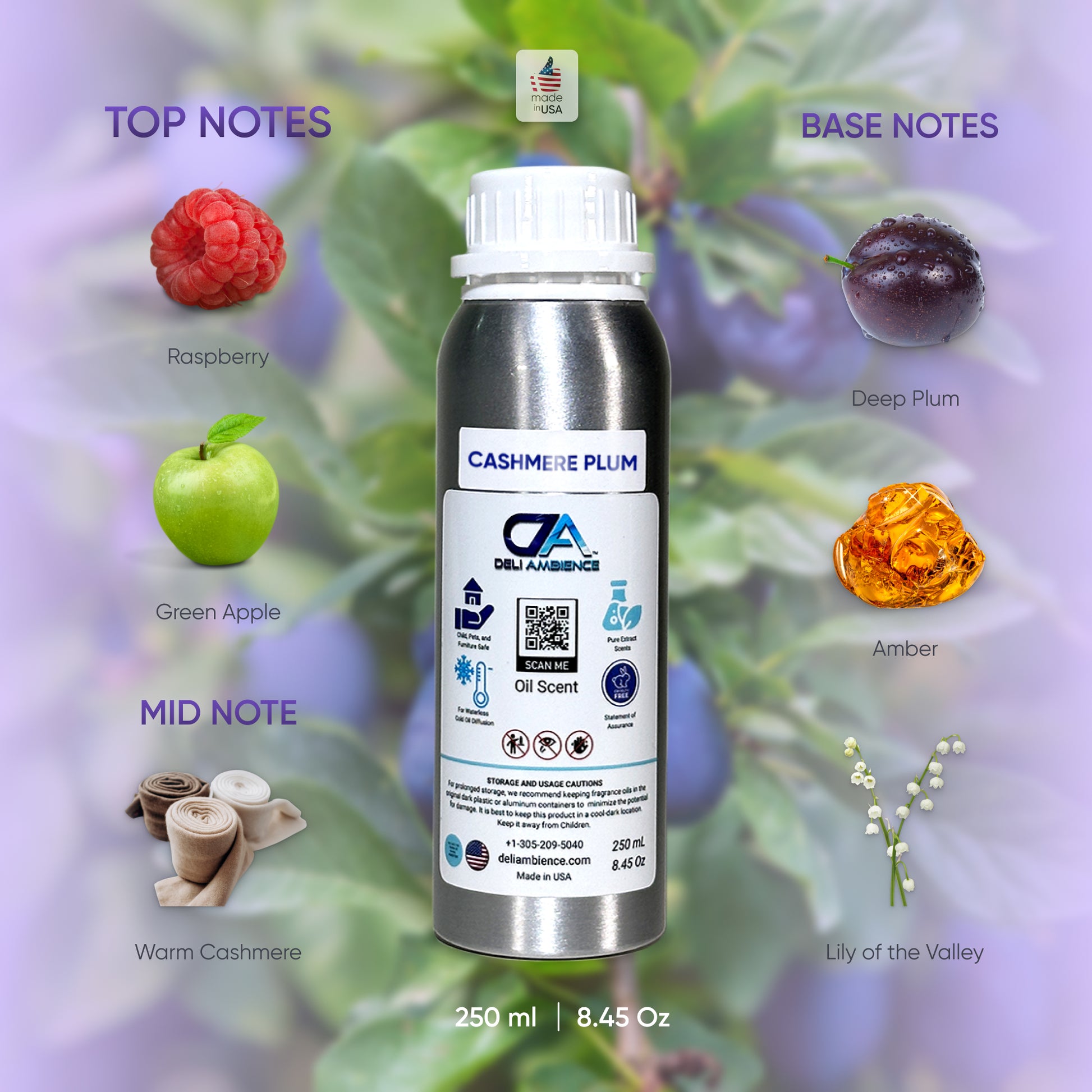 Image of a 250ml bottle labeled "Cashmere Plum Oil Scent" featuring illustrations of scent notes: raspberry and green apple (top), warm cashmere (mid), and deep plum, amber, and lily of the valley (base). This bottle encapsulates the luxurious essence of Cashmere Plum.