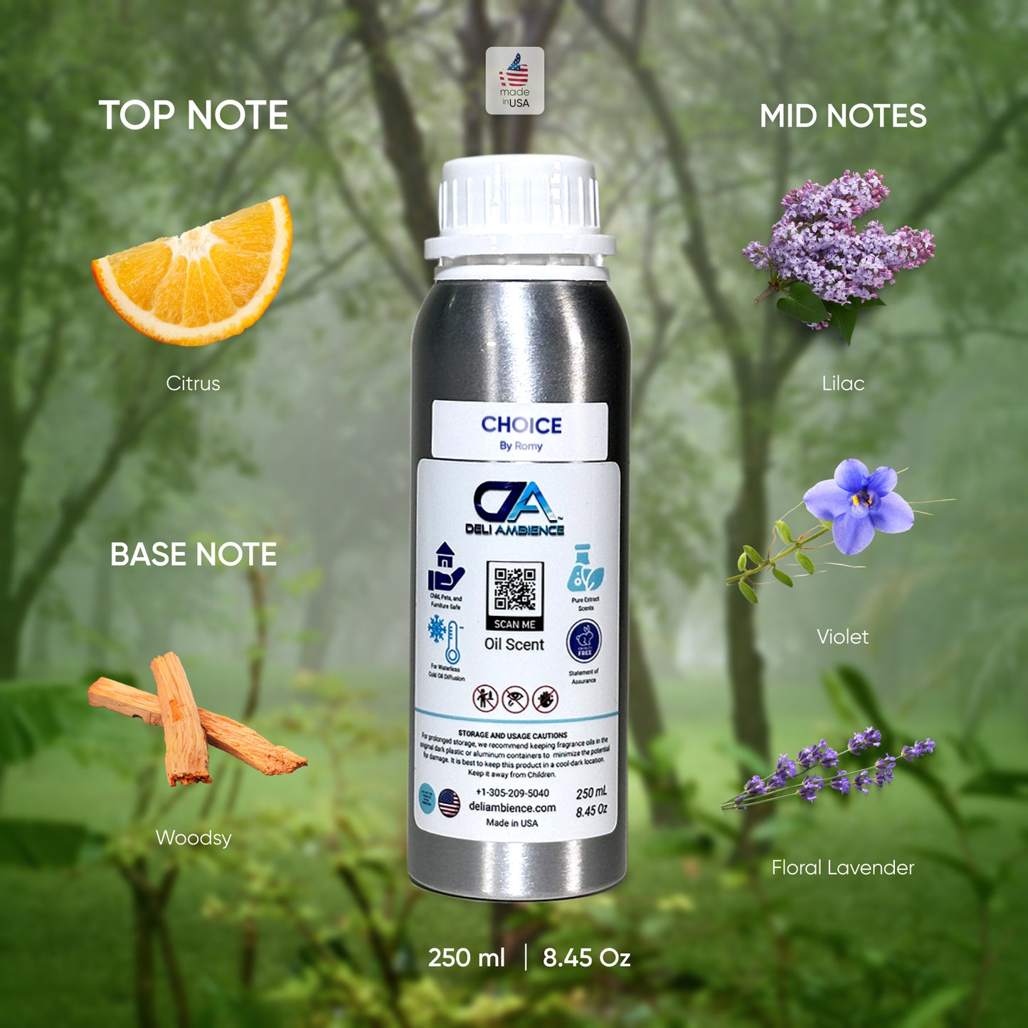 A bottle of Choice by Romy Oil Scent, surrounded by images representing its fragrance notes: citrus (top), lilac and violet (mid), and woody and floral lavender (base). This 250 ml, 8.45 oz bottle creates a welcoming atmosphere and leaves a lasting impression with every use.