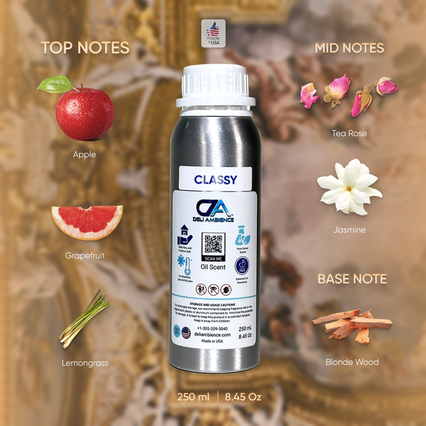 The "Classy Oil Scent" comes in a metallic bottle and features top notes of apple and grapefruit, mid notes of tea rose and jasmine, and a base note of blonde wood. This sophisticated fragrance contains 250 ml and originates from the USA.