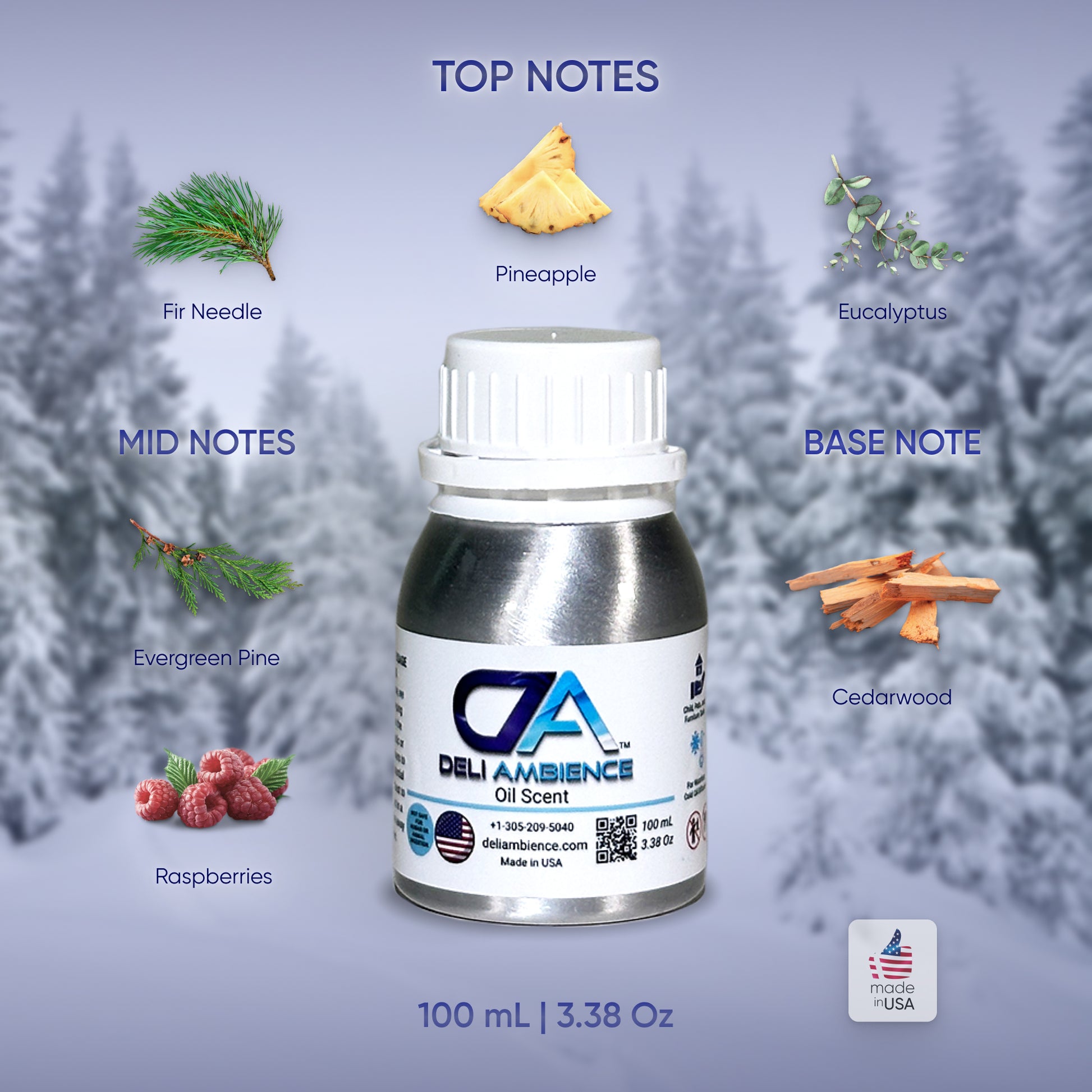 A bottle of Crystalberry Pine Oil Scent Season by Deli Ambience, celebrated for its festive Crystal Berry Pine aroma, is adorned with illustrations of its top notes (fir needle, pineapple, eucalyptus), mid notes (evergreen pine, raspberries), and base note (cedarwood). Made in the USA.