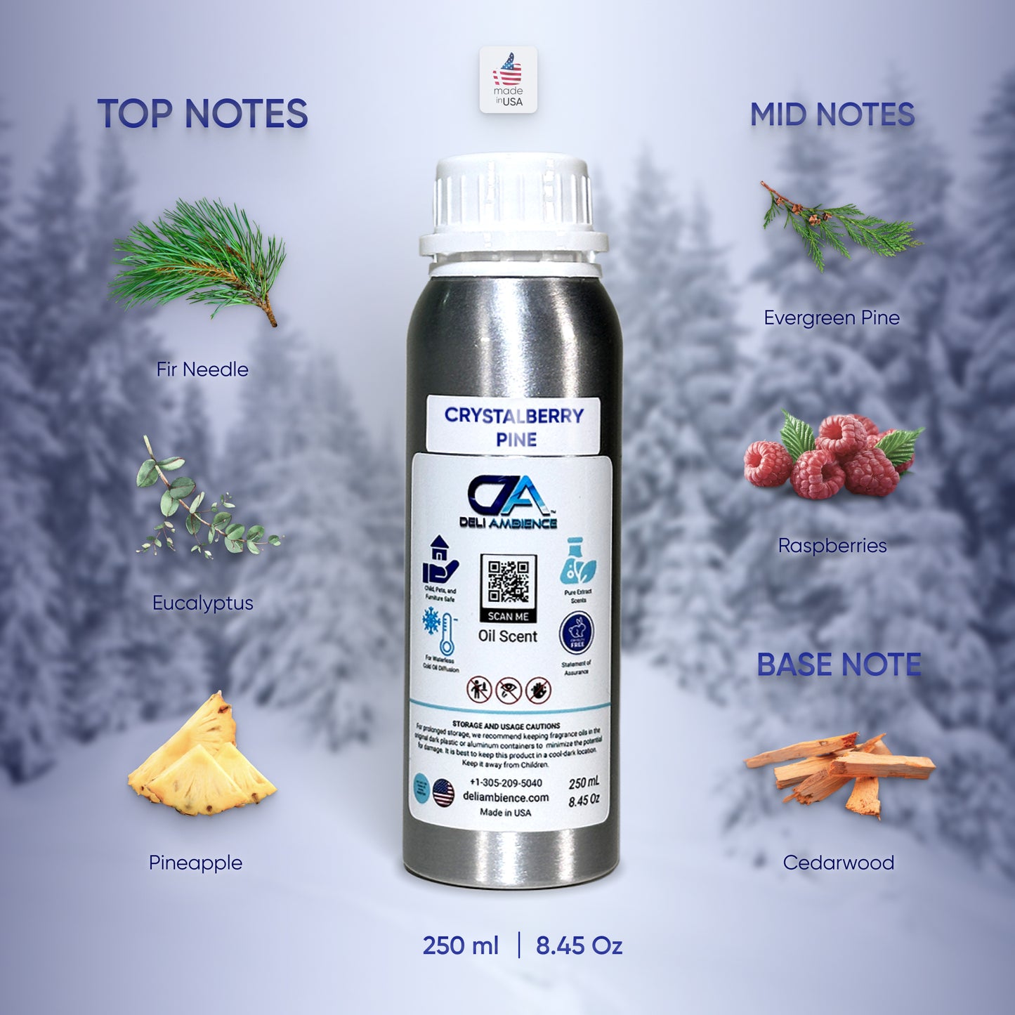 A 250 ml bottle of Crystalberry Pine Oil Scent Season, adorned with images of its top notes (fir needle, eucalyptus, pineapple), mid notes (evergreen pine, raspberries), and base note (cedarwood). This festive fragrance captures the essence of a winter forest with every spray.