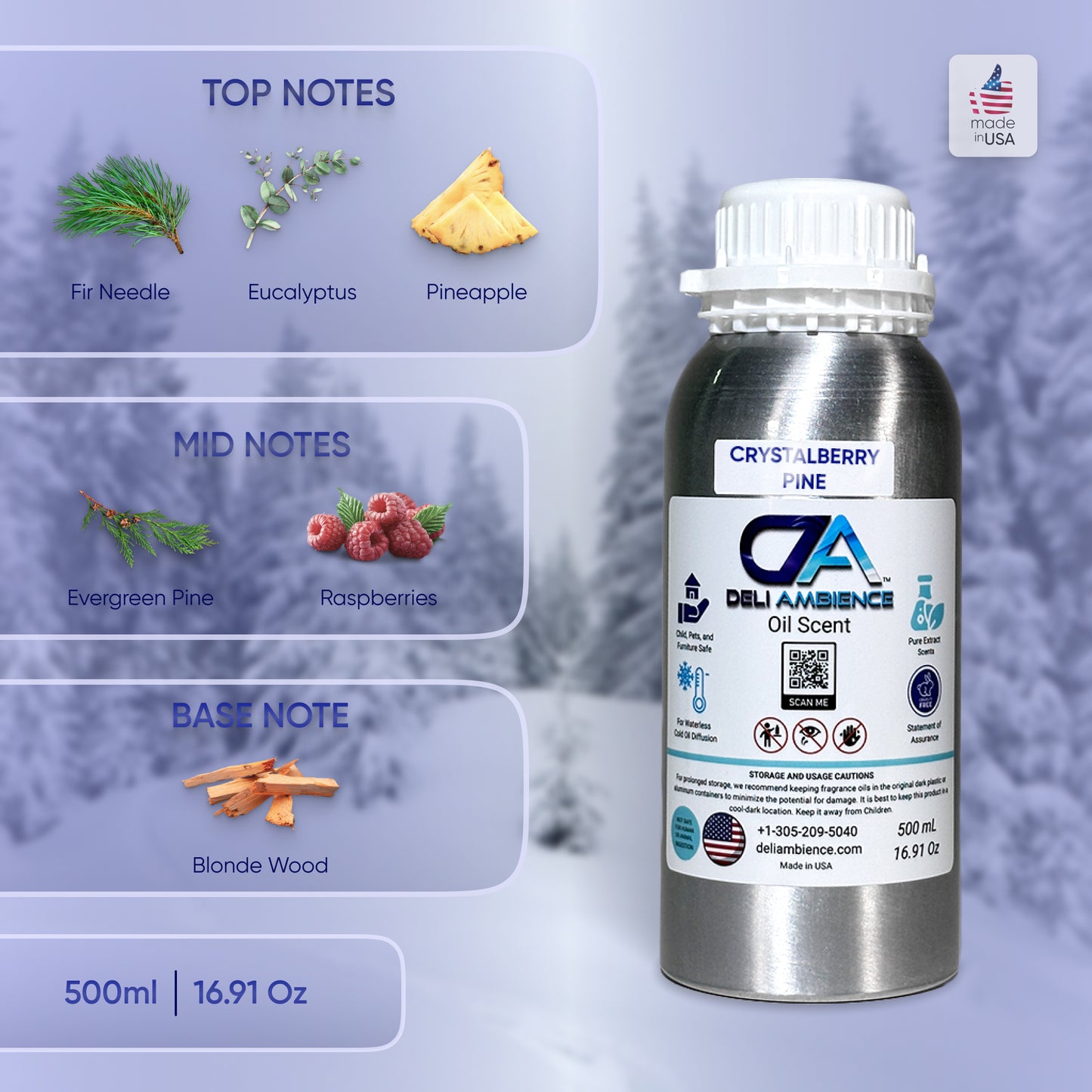 A 500ml bottle of Crystalberry Pine Oil Scent Season against a winter forest background. The festive fragrance's top notes are fir needle, eucalyptus, and pineapple; mid notes include evergreen pine and raspberries; base note is blonde wood.