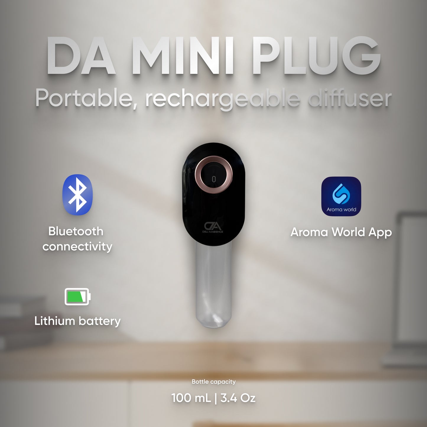 Introducing the DA Mini Plug Oil Diffuser - Bluetooth, a convenient and rechargeable oil diffuser designed for portability. With a 100 mL capacity and robust lithium battery, it's perfect for infusing your space with essential oils at any time, in any location. Seamlessly connect it to the Aroma World App via Bluetooth to enhance your aromatherapy experience.