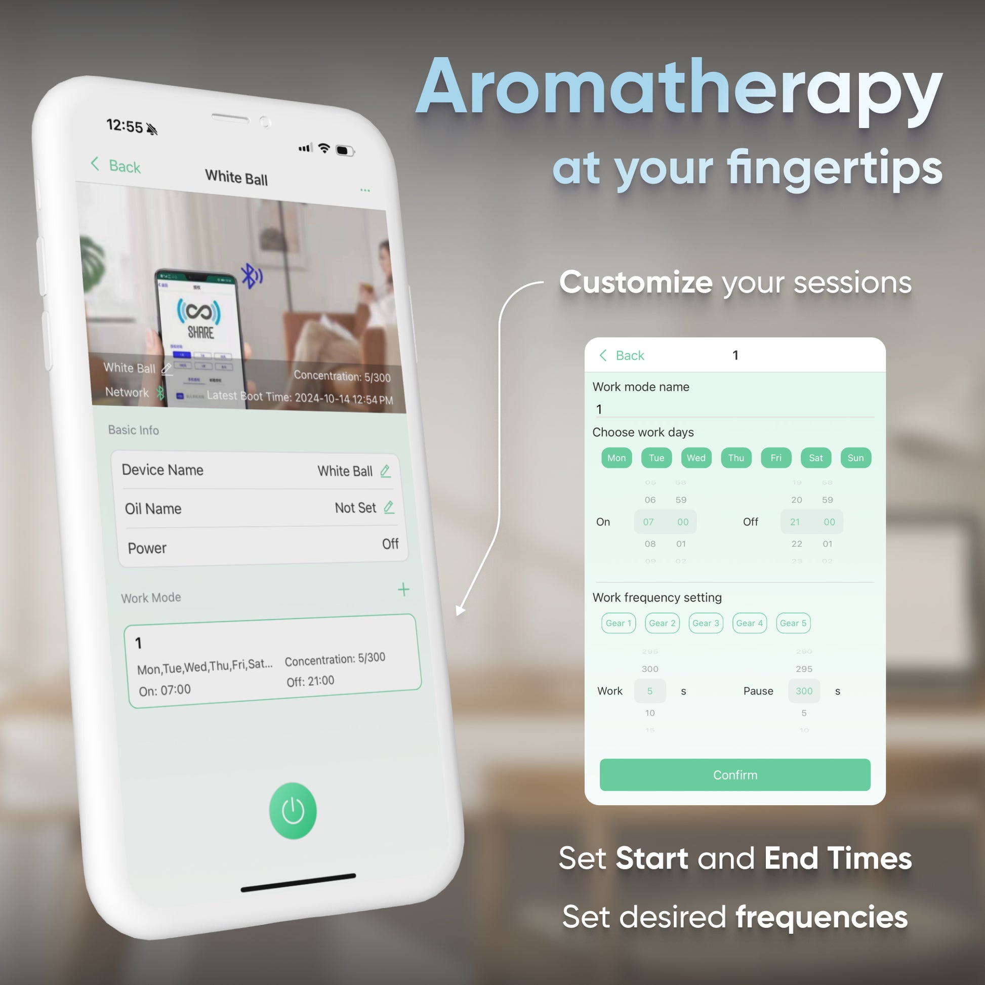 A smartphone displays the aromatherapy app interface for the DA Mini Plug Oil Diffuser - Bluetooth, enabling you to personalize the device name, choose work mode, and set start and end times as well as frequency settings. Experience customized essential oil wellness while on-the-go right at your fingertips.