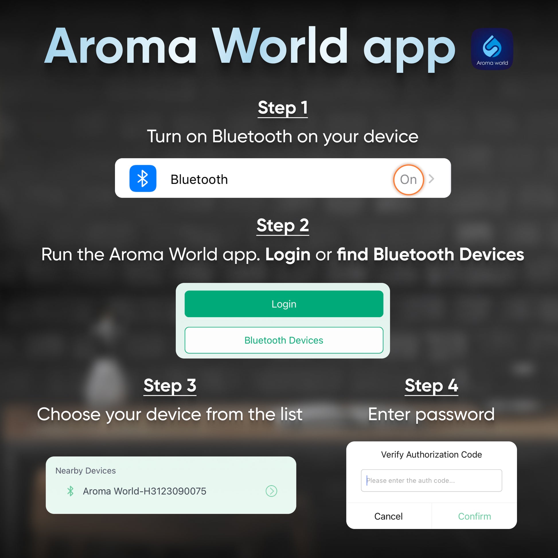 To connect to the Aroma World app with your DA Mini Plug Oil Diffuser - Bluetooth, turn on Bluetooth, open the app, log in, select your DA Mini Plug Oil Diffuser - Bluetooth device, and enter the authorization code. Enjoy wellness on-the-go with ease.