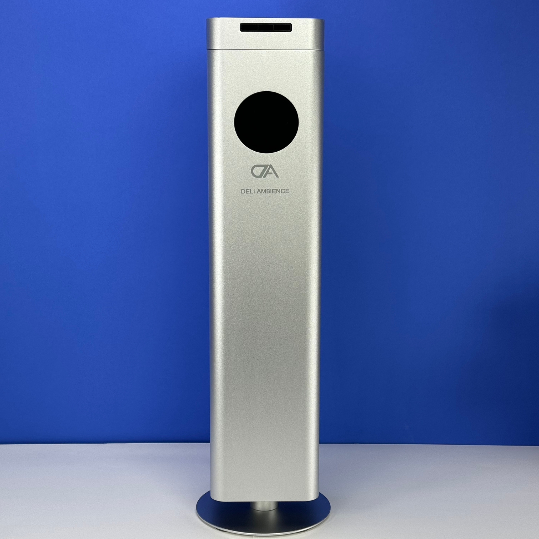A silver DA Tower 1500 trash receptacle with cold diffusion technology on a blue background.