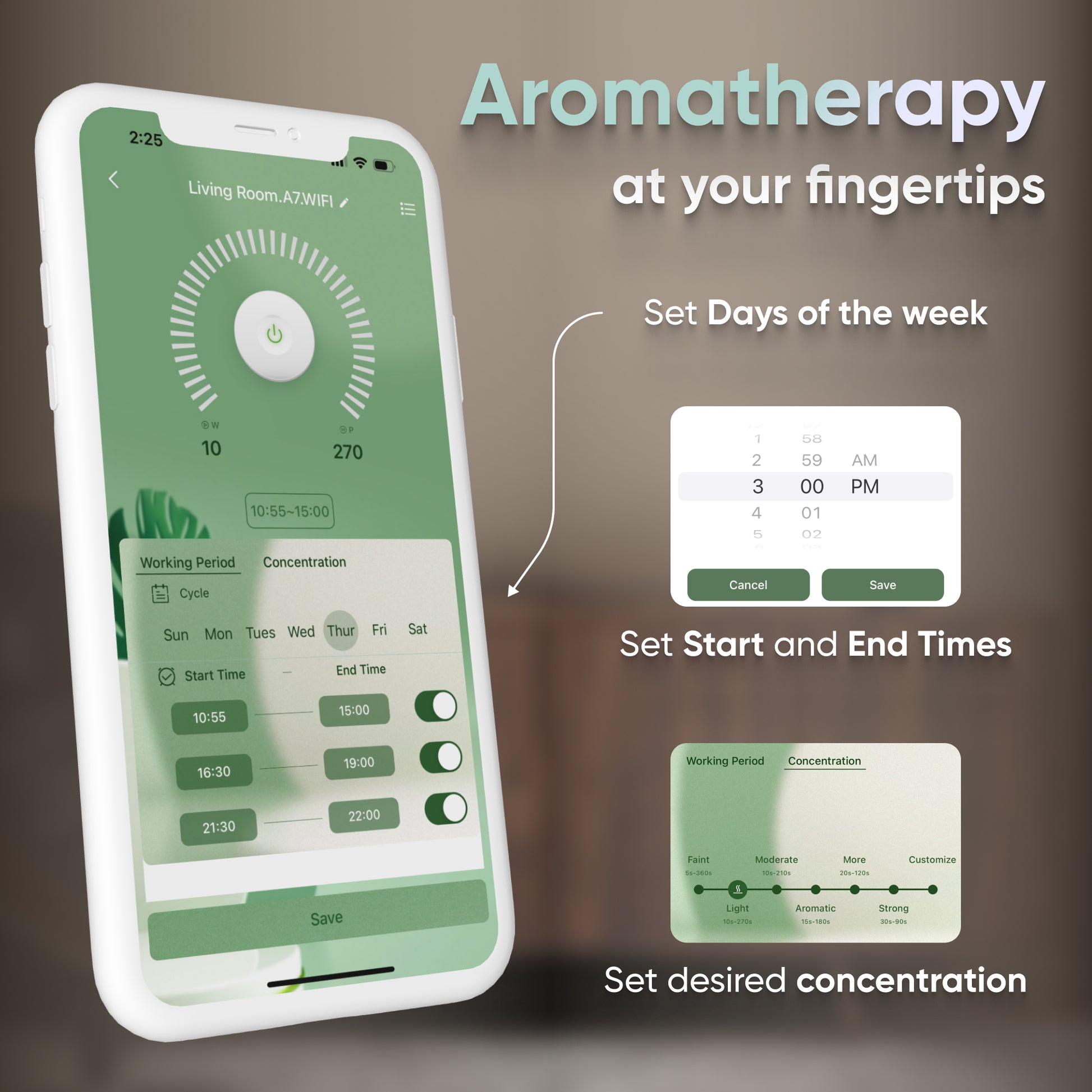 Enhance your aromatherapy experience with the DA Vintage Oil Diffuser Black - Bluetooth, featuring a sophisticated smartphone app interface that connects effortlessly via Bluetooth. Conveniently customize settings for specific days, start and end times, and concentration levels to craft the ideal atmosphere whenever you desire.