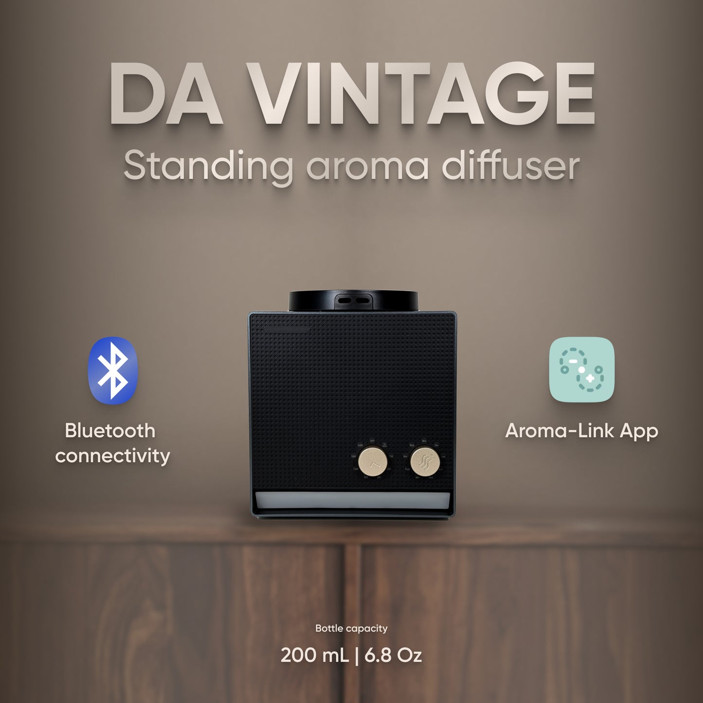 Discover the elegance of the DA Vintage Oil Diffuser Black-Bluetooth, which combines vintage style with modern Bluetooth connectivity and the Aroma-Link App. This standing aroma diffuser provides an optimal aromatherapy experience with a substantial 200 mL (6.8 oz) bottle capacity, effortlessly merging style with calming functionality.