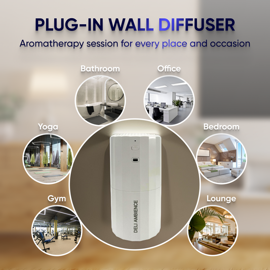 A plug-in wall diffuser with the text "Deli Ambience 'DA Plug In' Waterless Scent Diffuser" at the top and images of different rooms (bathroom, office, bedroom, lounge, gym, yoga) showcasing its versatile use. This waterless scent diffuser is perfect for any room in your home or workplace.