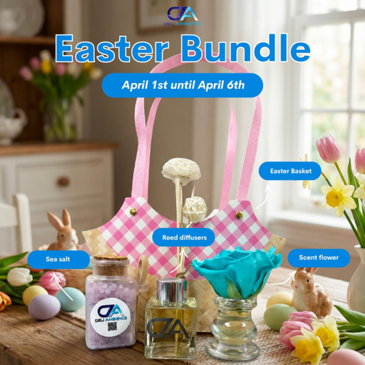 A display of Easter items, including a sea salt reed diffuser, scent flower, and decorative baskets with eggs, all labeled on a table. Text highlights the exclusive Easter Basket Bundle offer.