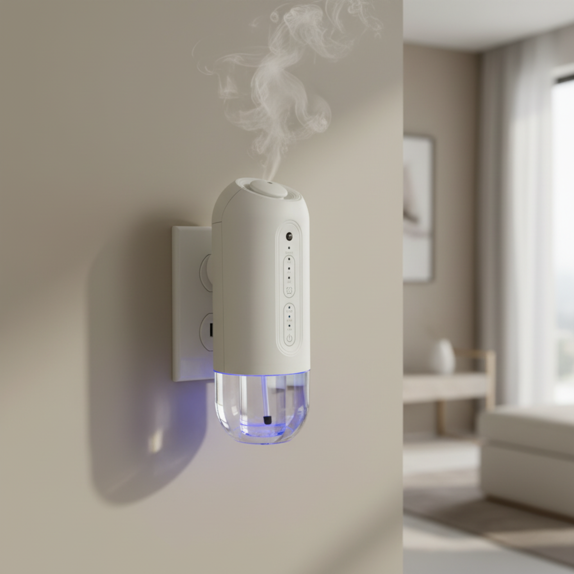The Erini Plug In Oil Diffuser, featuring app control and a clear blue-lit reservoir, uses cold air diffusion to emit fragrance in a modern beige room with a window and blurred furniture in the background.