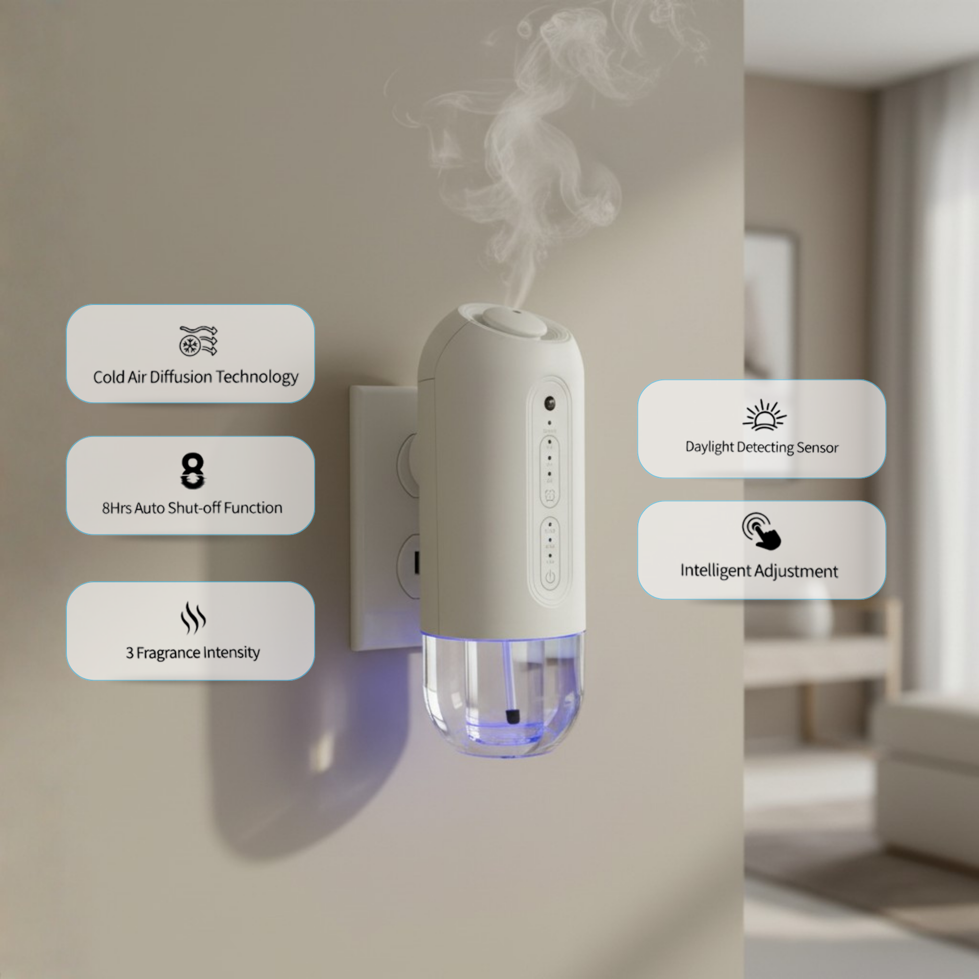 The Erini Plug In Oil Diffuser uses cold air diffusion to emit mist. It features 8-hour auto shut-off, three fragrance intensities, a daylight sensor, and intelligent adjustment for optimal scent delivery.